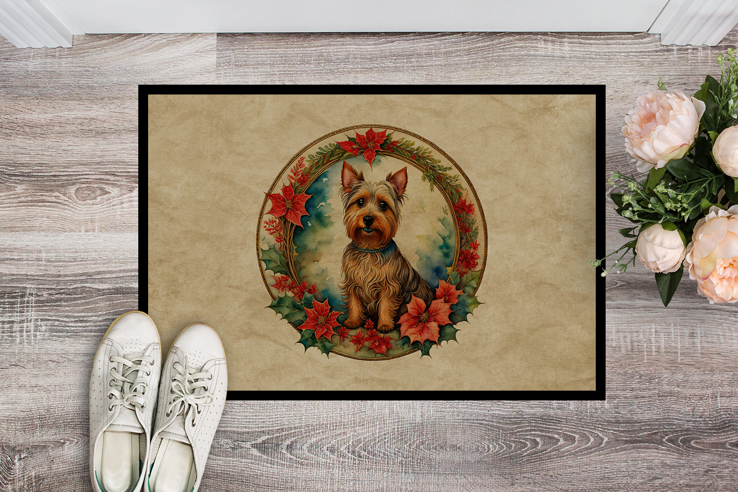 Buy this Australian Terrier Christmas Flowers Doormat