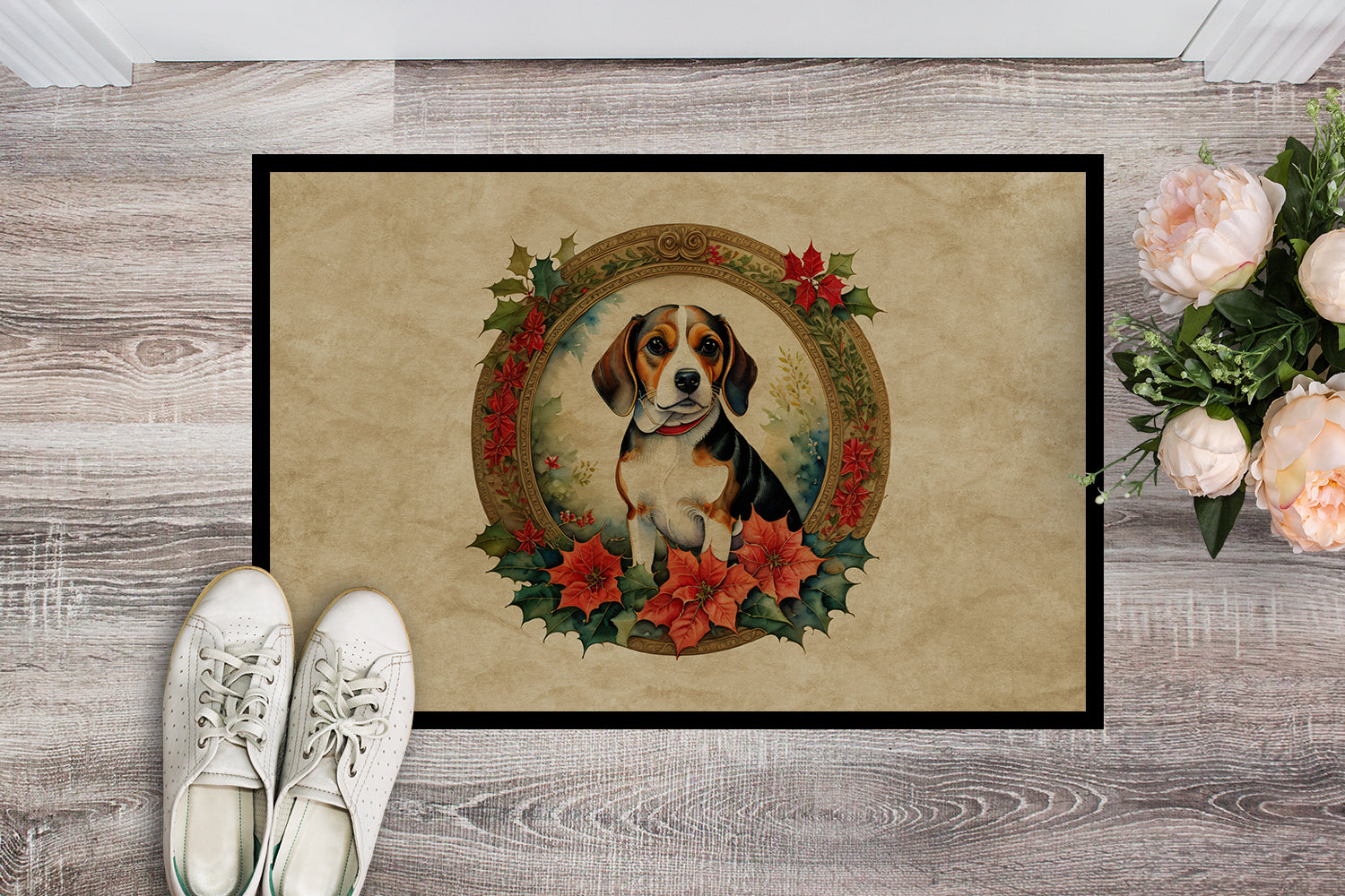 Buy this Beagle Christmas Flowers Doormat