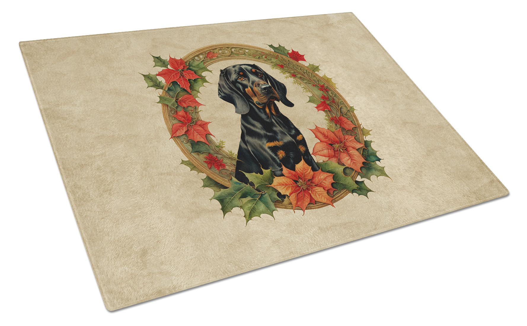 Buy this Black and Tan Coonhound Christmas Flowers Glass Cutting Board
