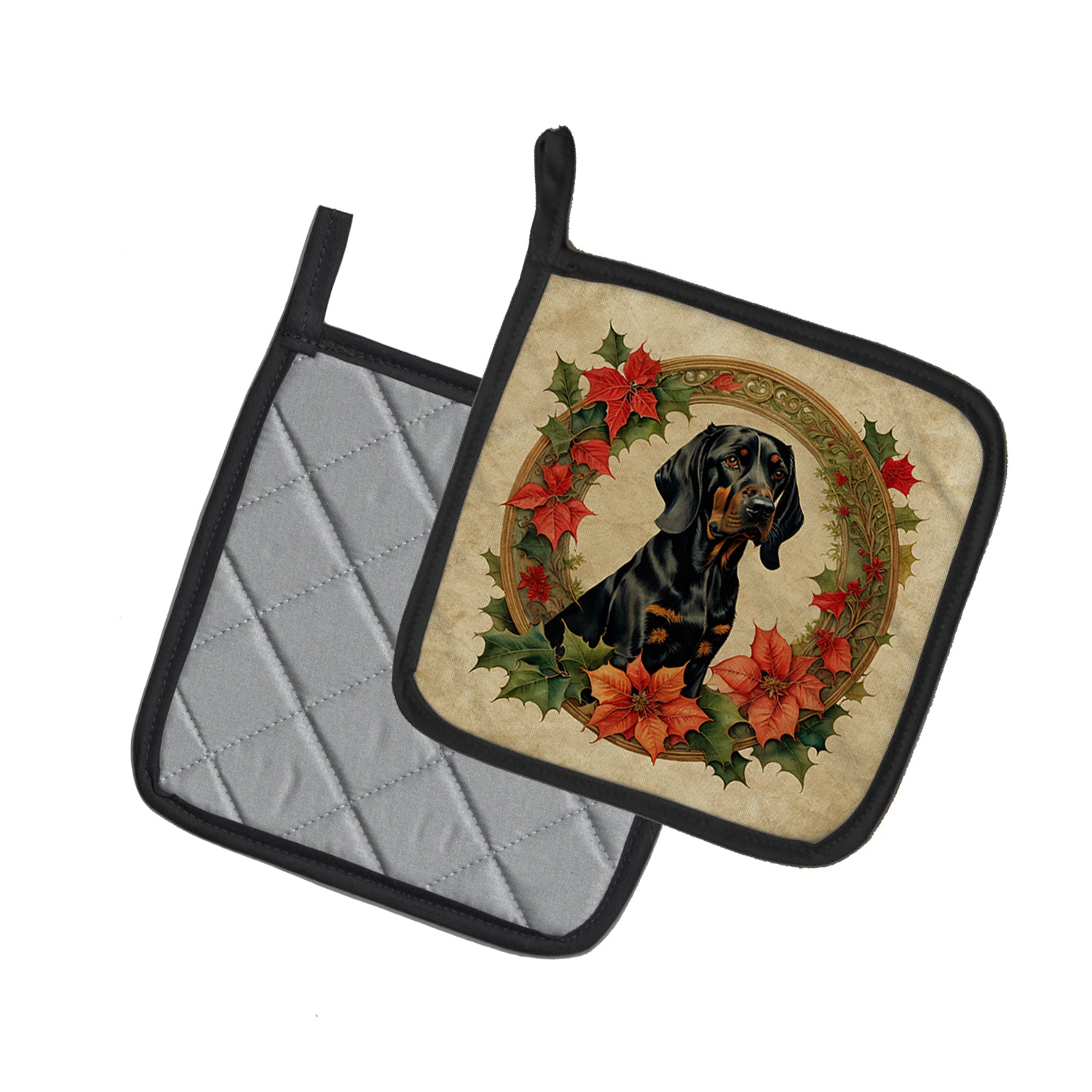 Buy this Black and Tan Coonhound Christmas Flowers Pair of Pot Holders