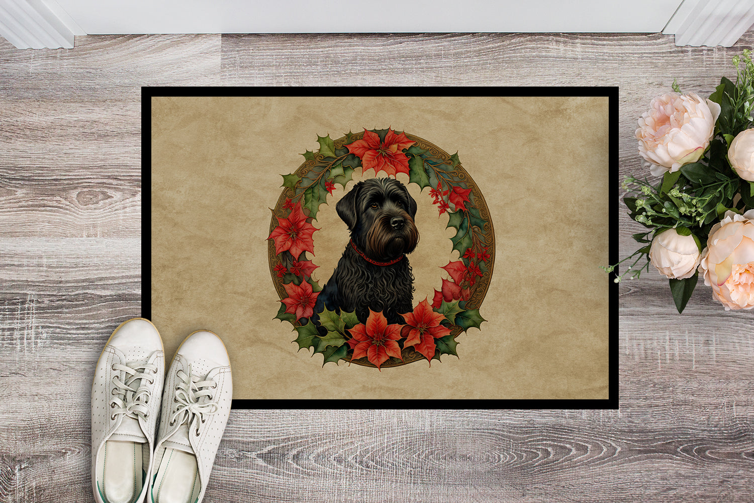 Black Russian Terrier Christmas Flowers Doormat