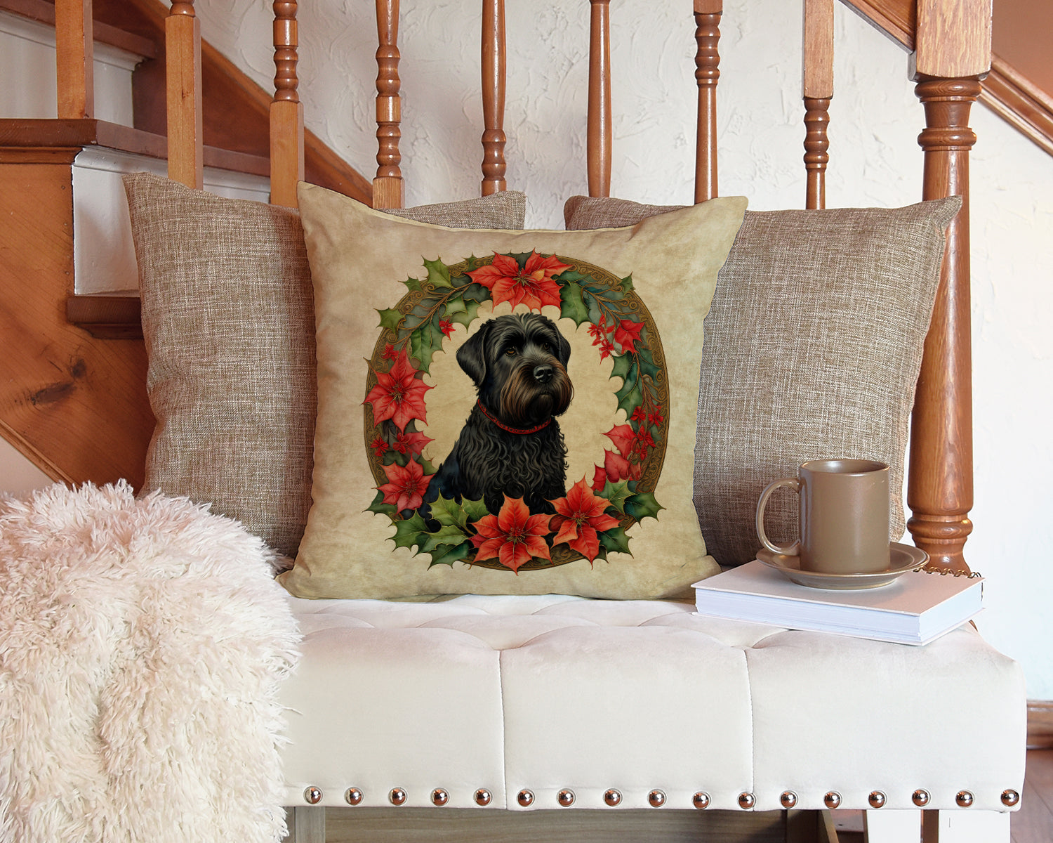 Black Russian Terrier Christmas Flowers Throw Pillow