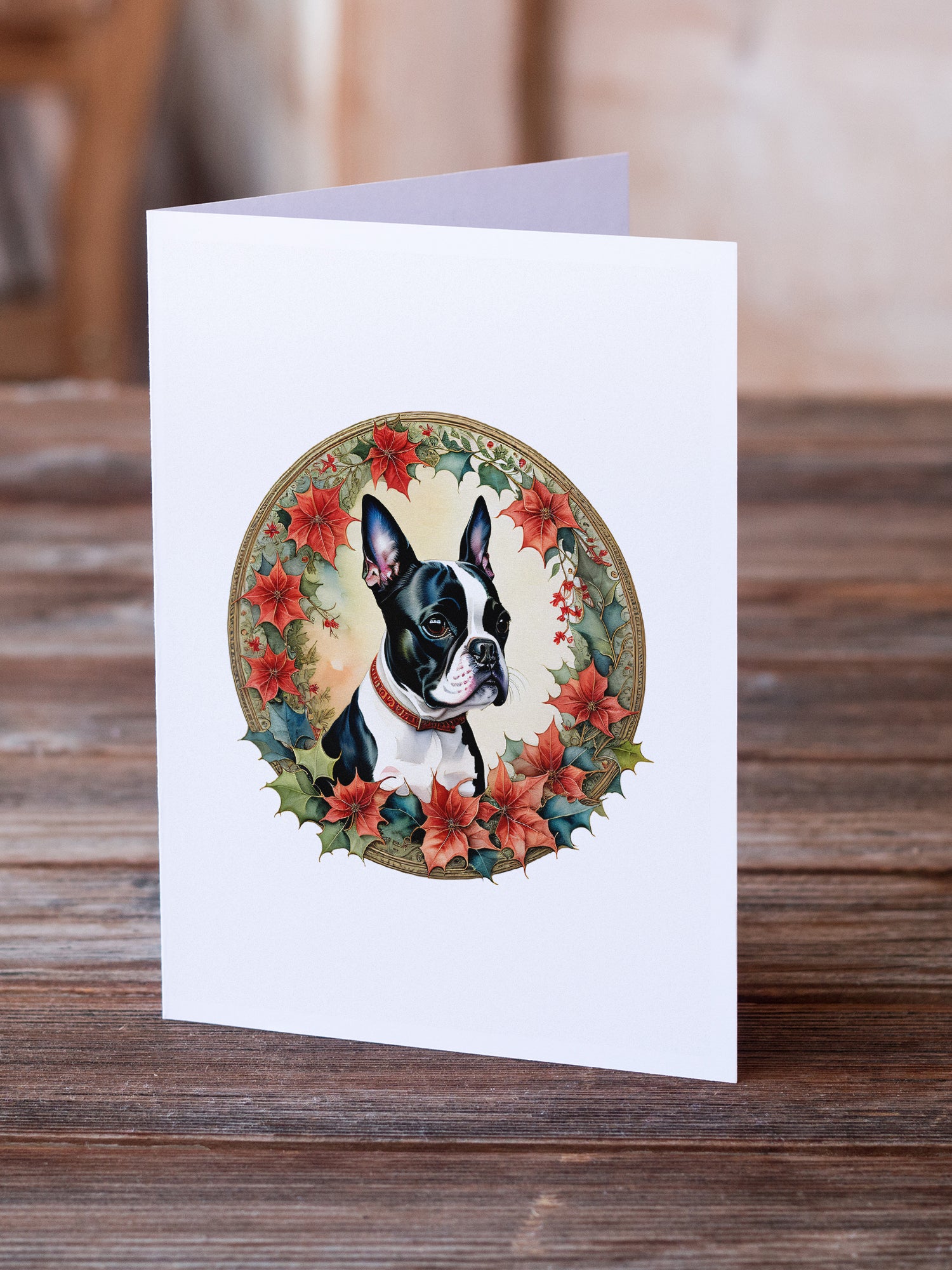 Buy this Boston Terrier Christmas Flowers Greeting Cards Pack of 8
