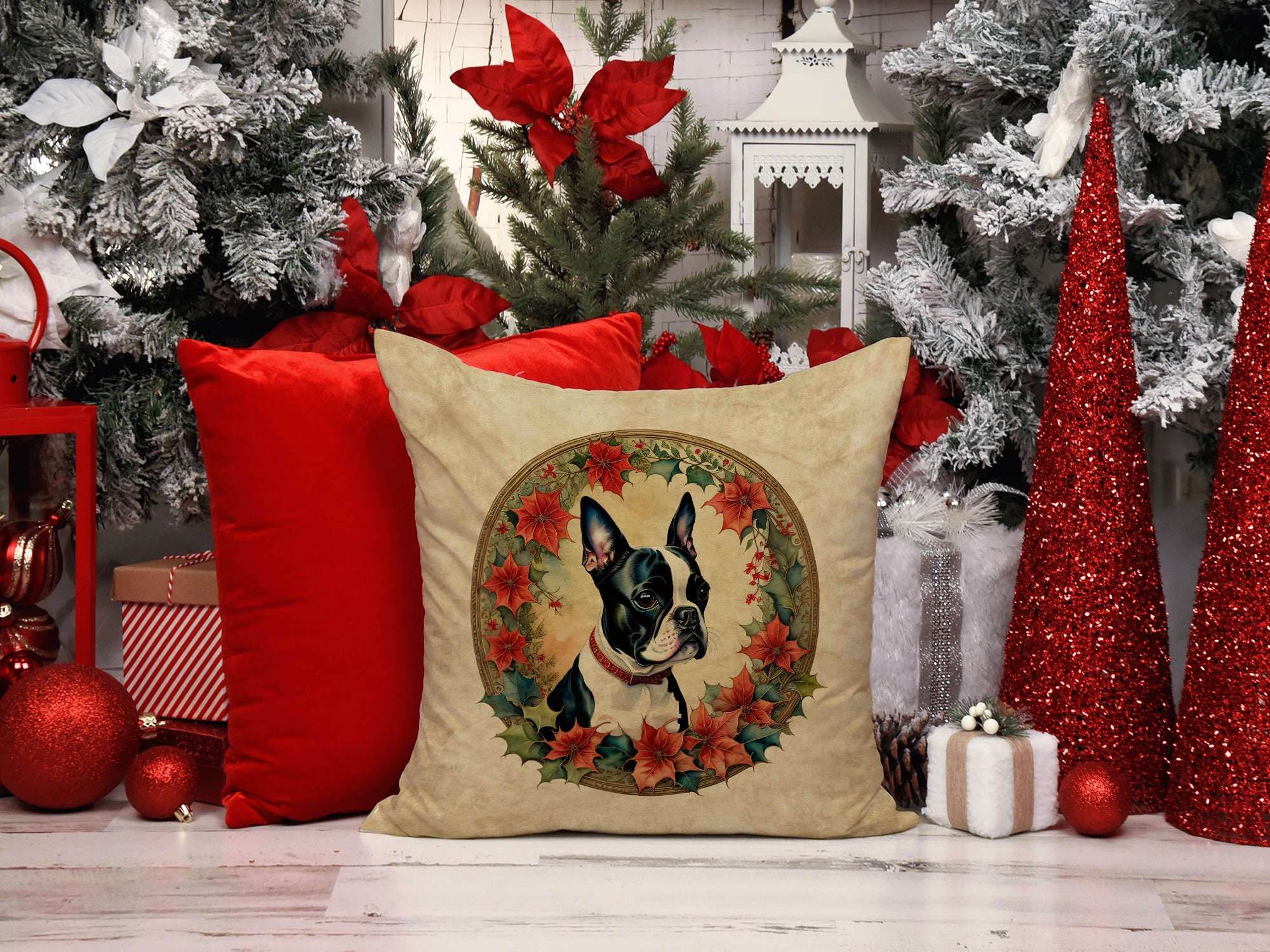 Buy this Boston Terrier Christmas Flowers Throw Pillow