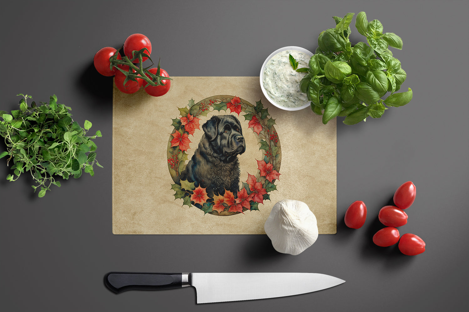 Bouvier des Flandres Christmas Flowers Glass Cutting Board