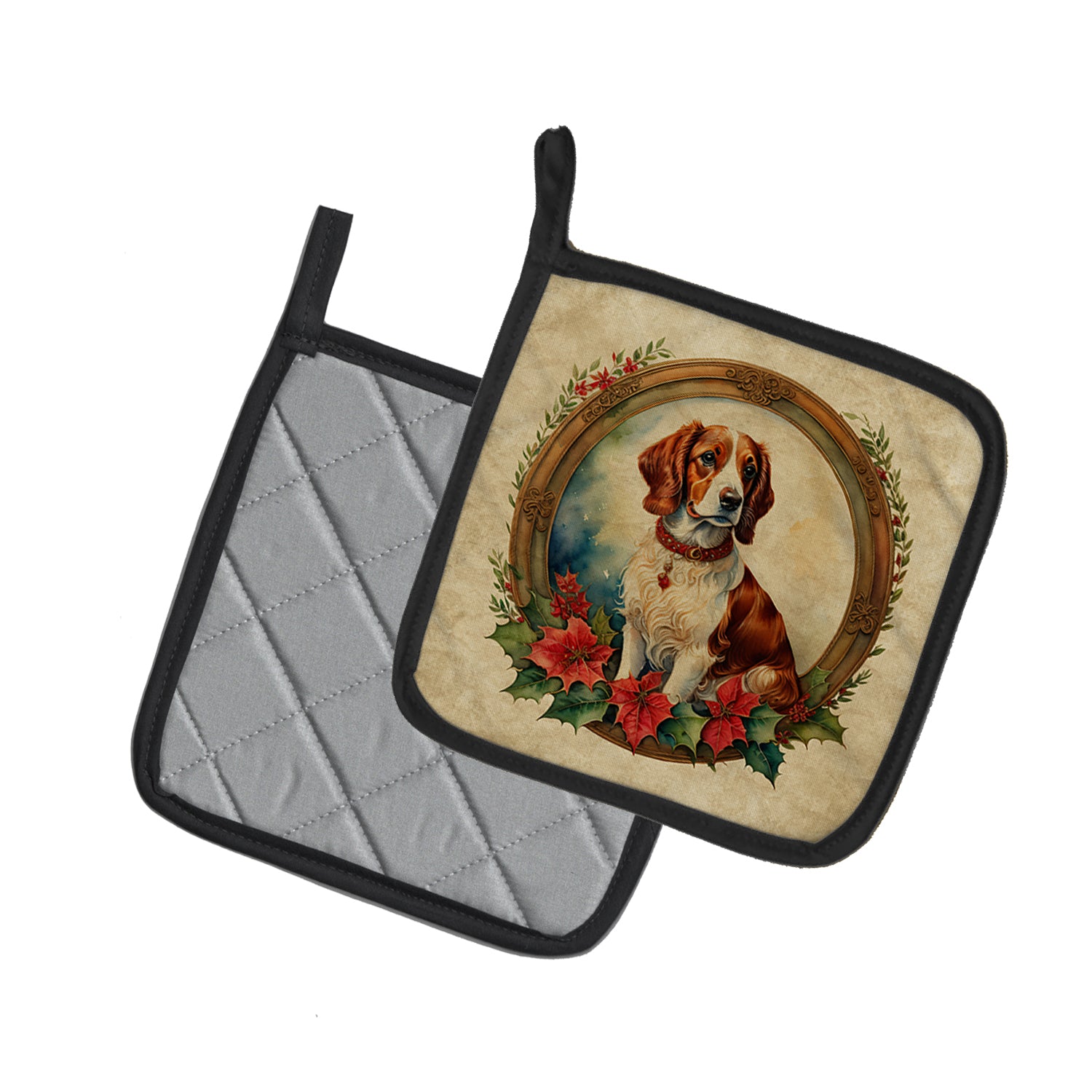 Buy this Brittany Spaniel Christmas Flowers Pair of Pot Holders