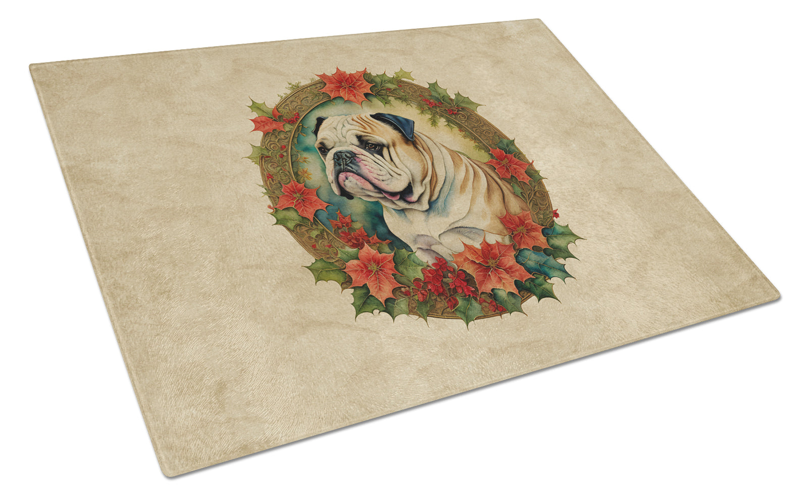 Buy this English Bulldog Christmas Flowers Glass Cutting Board