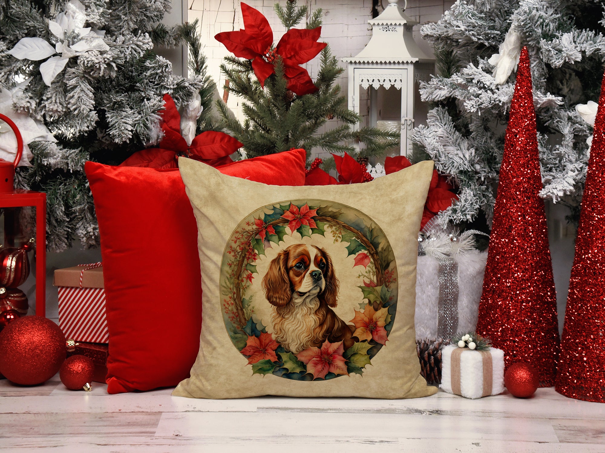 Buy this Cavalier Spaniel Christmas Flowers Throw Pillow