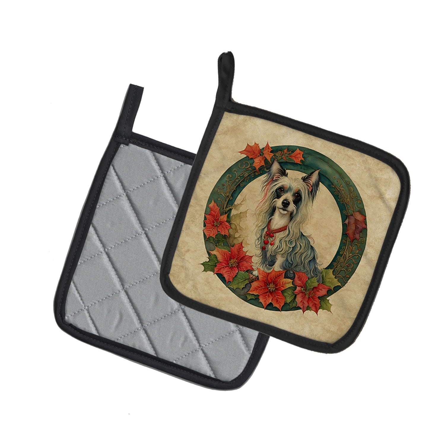 Chinese Crested Christmas Flowers Pair of Pot Holders