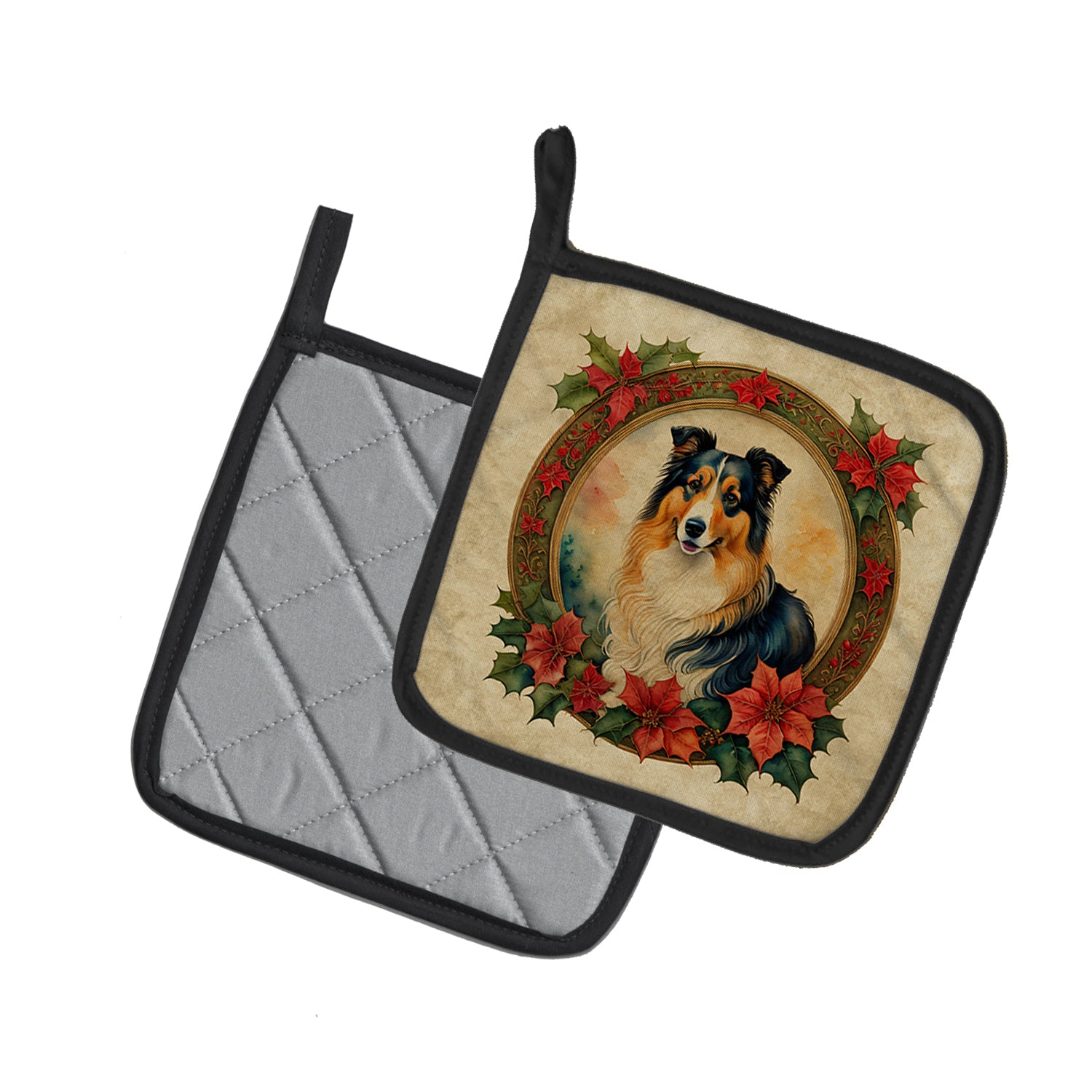 Buy this Collie Christmas Flowers Pair of Pot Holders