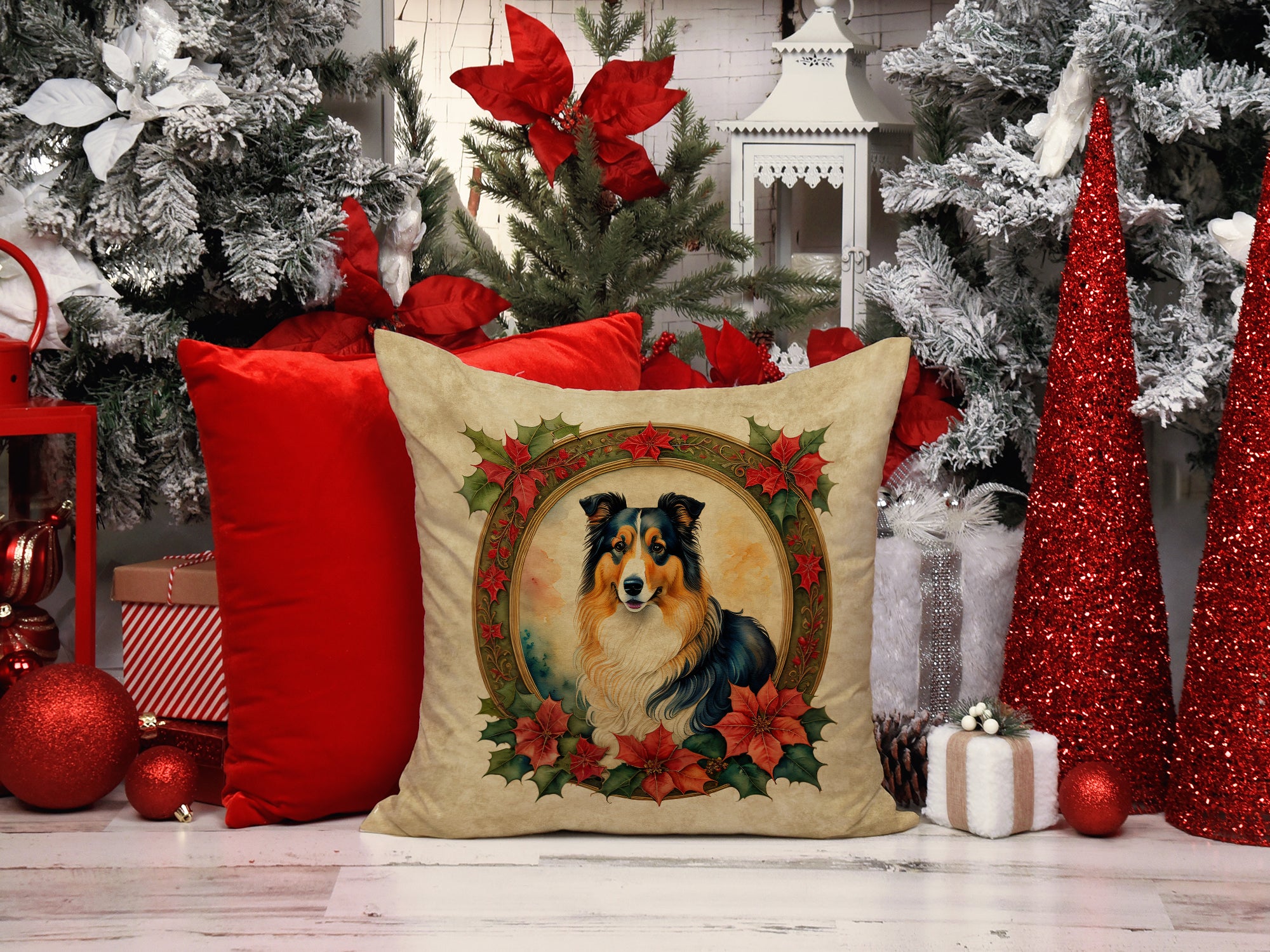 Buy this Collie Christmas Flowers Throw Pillow