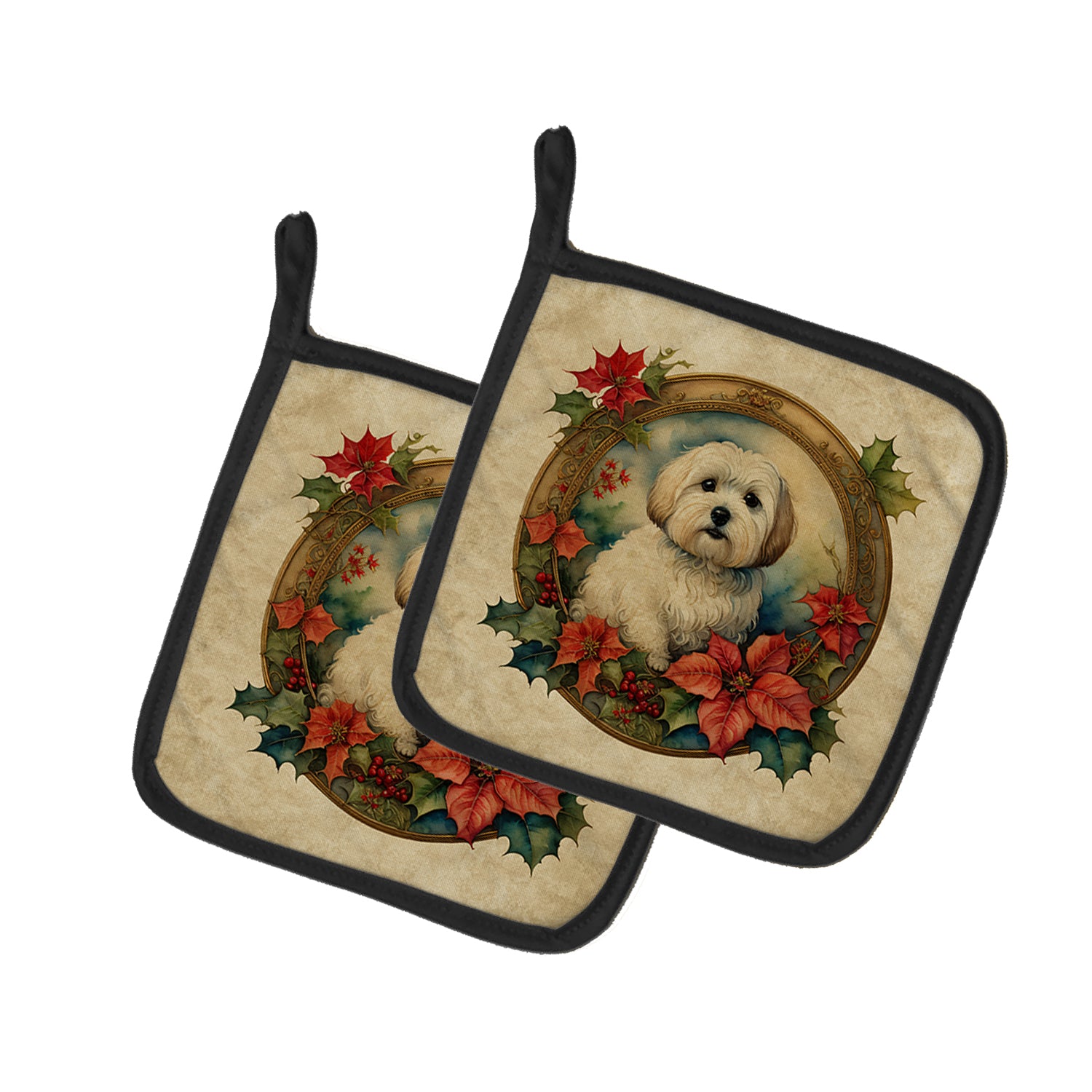 Buy this Coton De Tulear Christmas Flowers Pair of Pot Holders