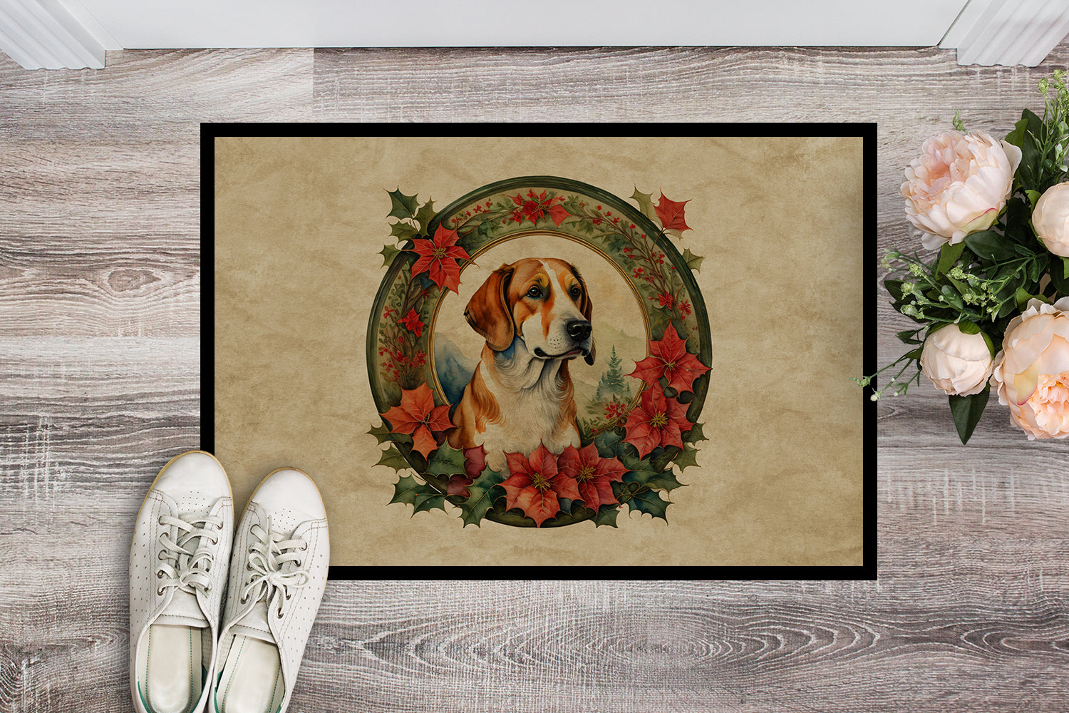 Buy this English Foxhound Christmas Flowers Doormat