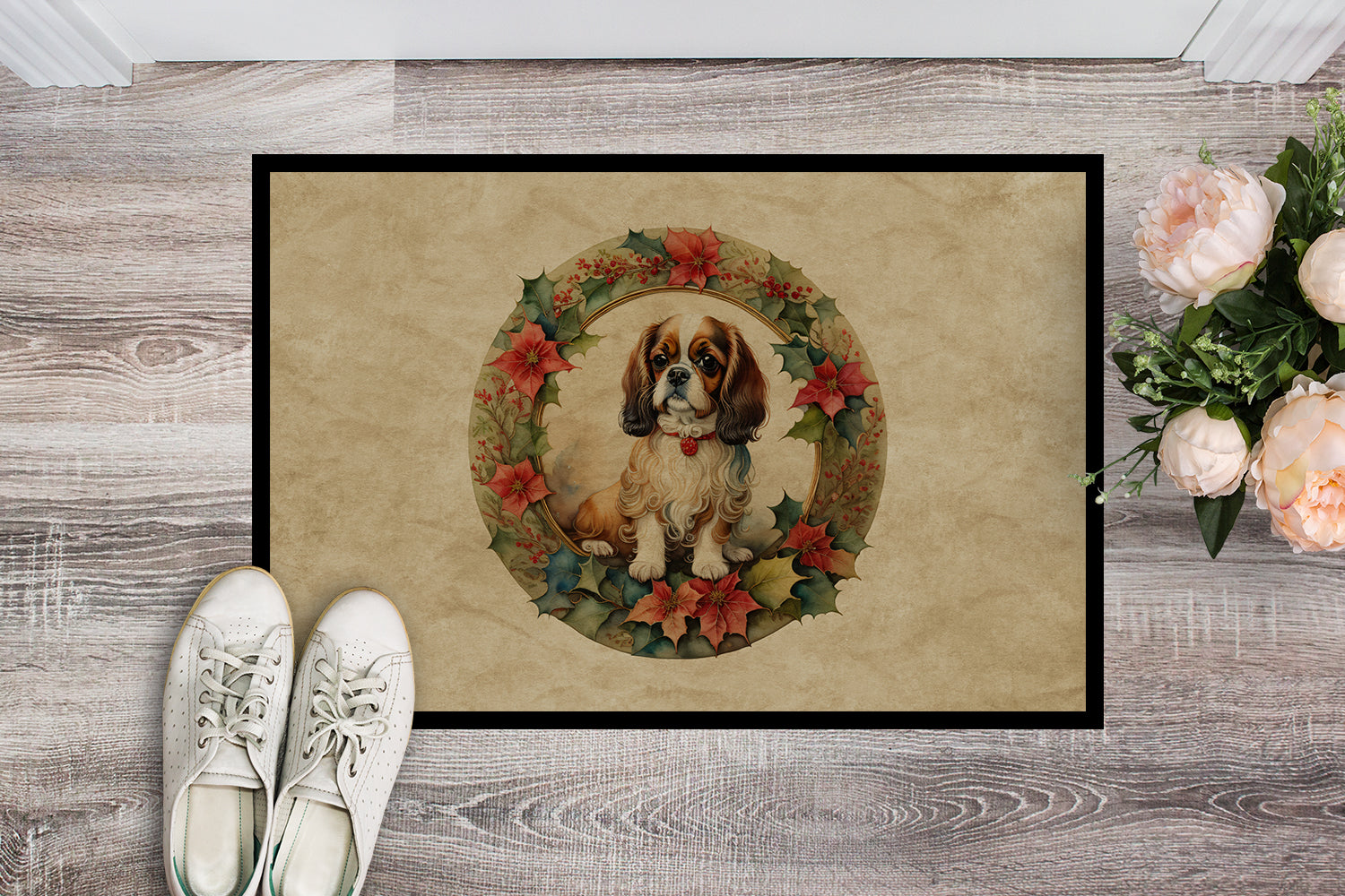 Buy this English Toy Spaniel Christmas Flowers Doormat