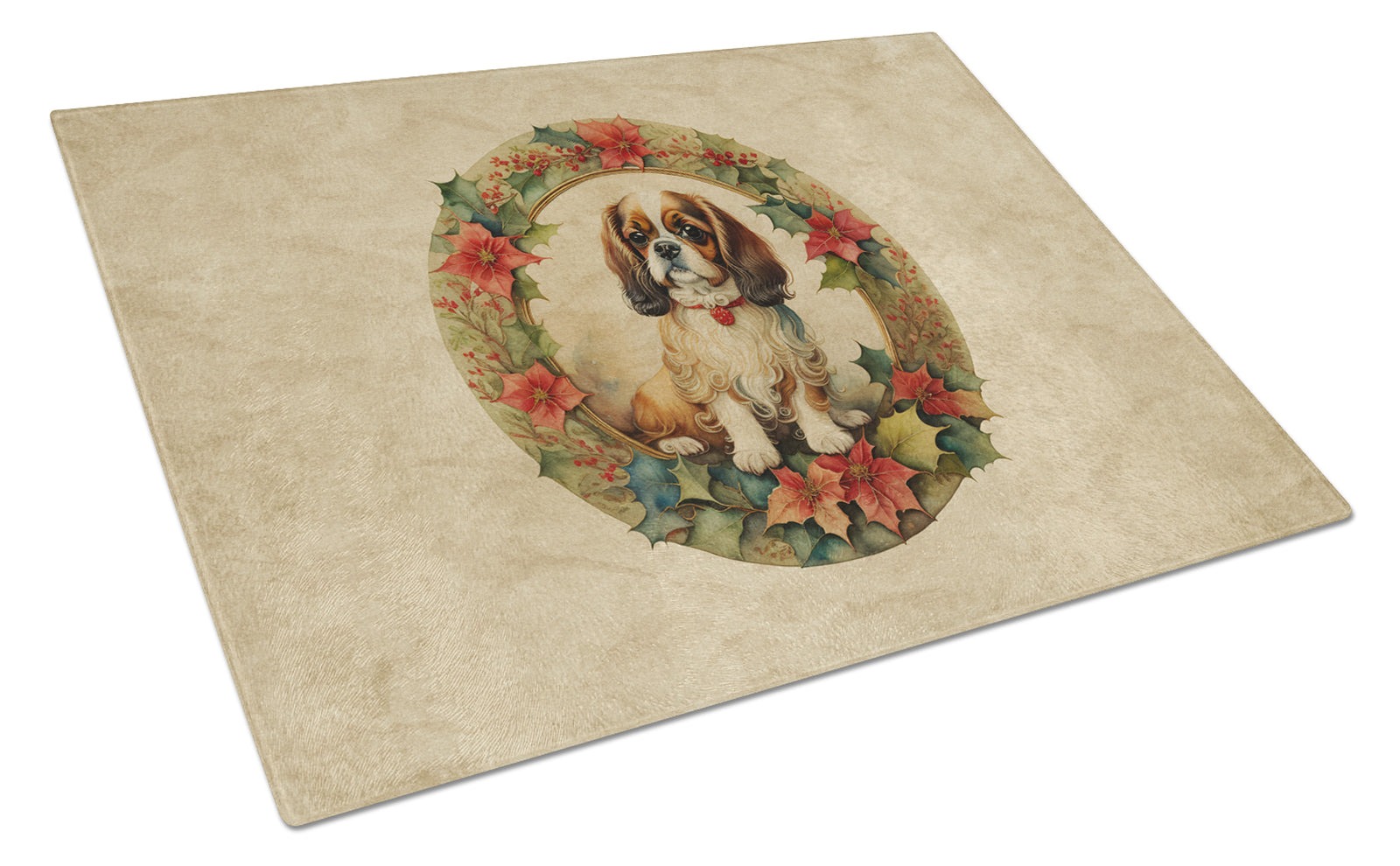 Buy this English Toy Spaniel Christmas Flowers Glass Cutting Board