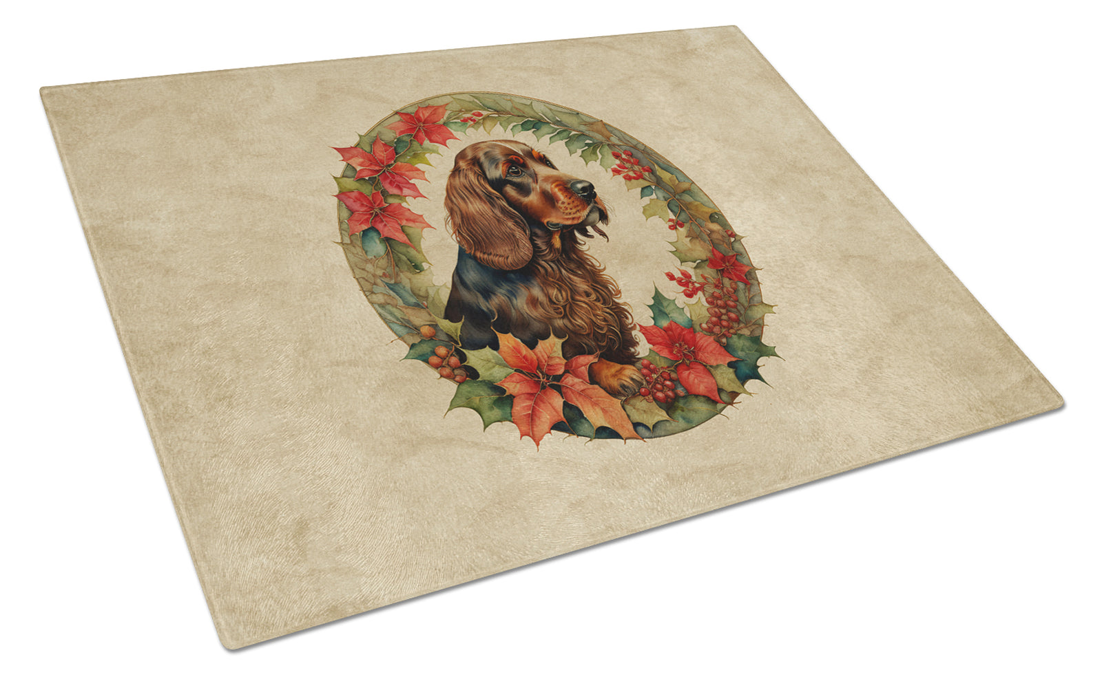 Buy this Field Spaniel Christmas Flowers Glass Cutting Board