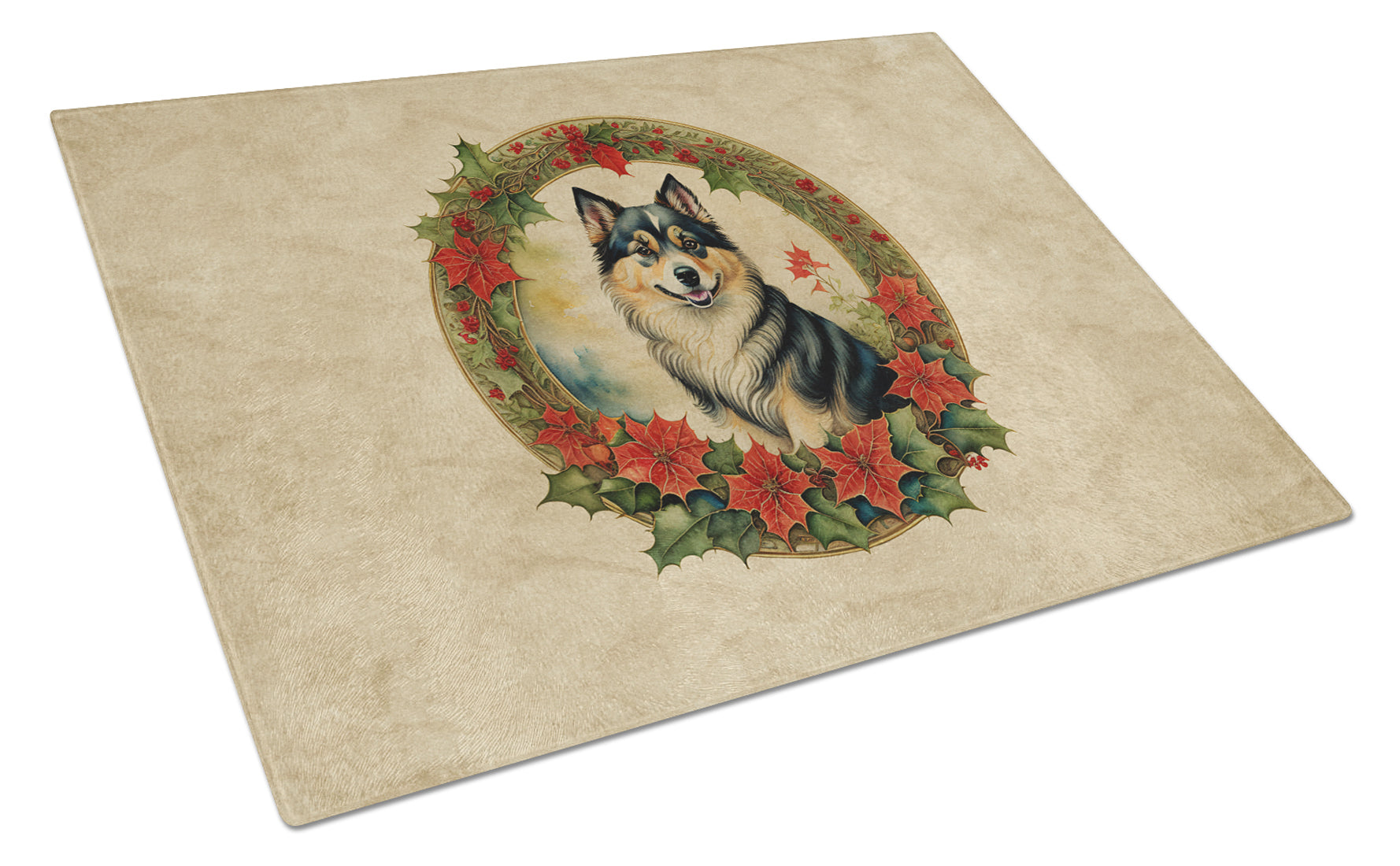 Buy this Finnish Lapphund Christmas Flowers Glass Cutting Board