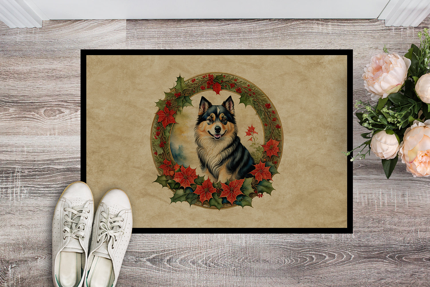 Buy this Finnish Lapphund Christmas Flowers Doormat