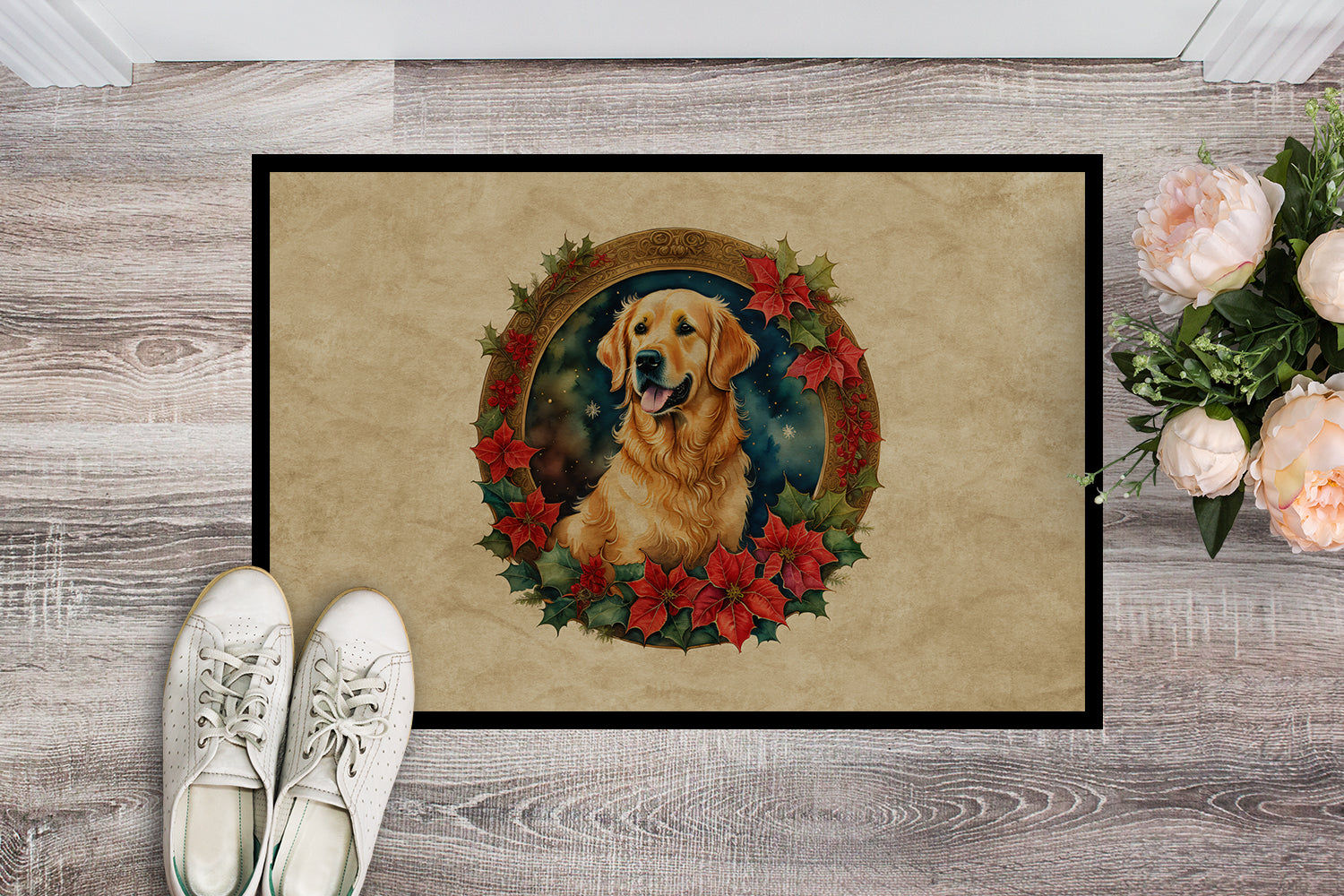 Buy this Golden Retriever Christmas Flowers Doormat