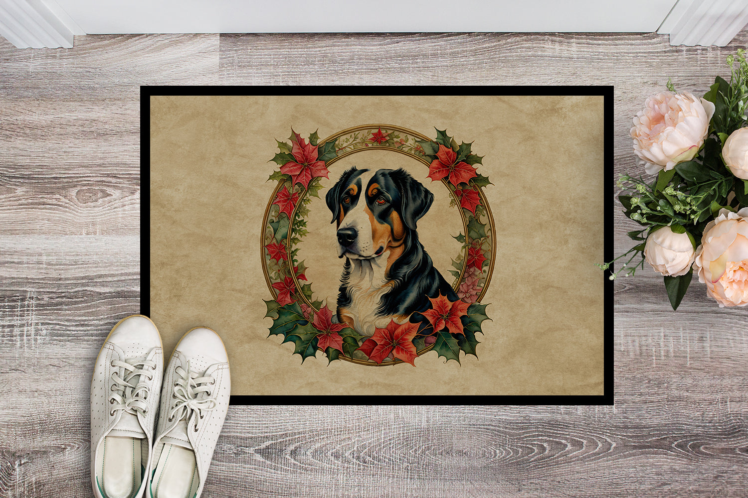 Buy this Greater Swiss Mountain Dog Christmas Flowers Doormat