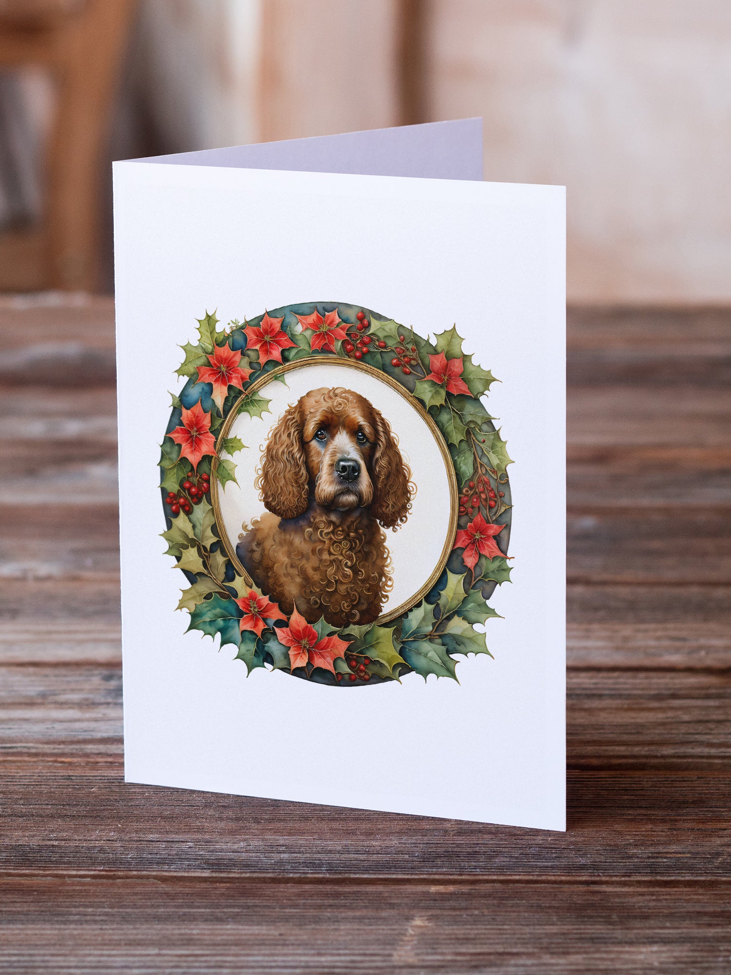 Buy this Irish Water Spaniel Christmas Flowers Greeting Cards Pack of 8
