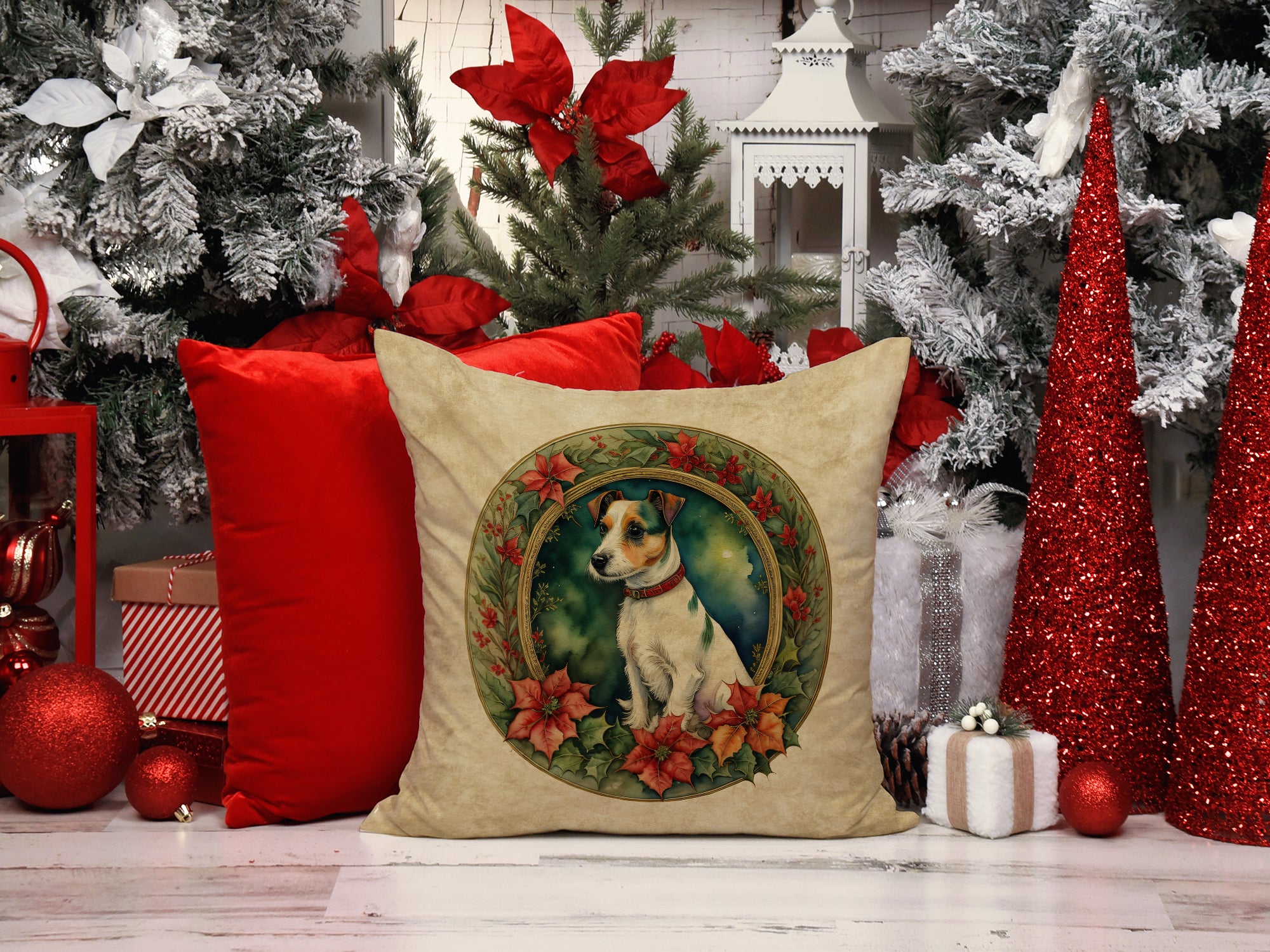 Jack Russell Terrier Christmas Flowers Throw Pillow