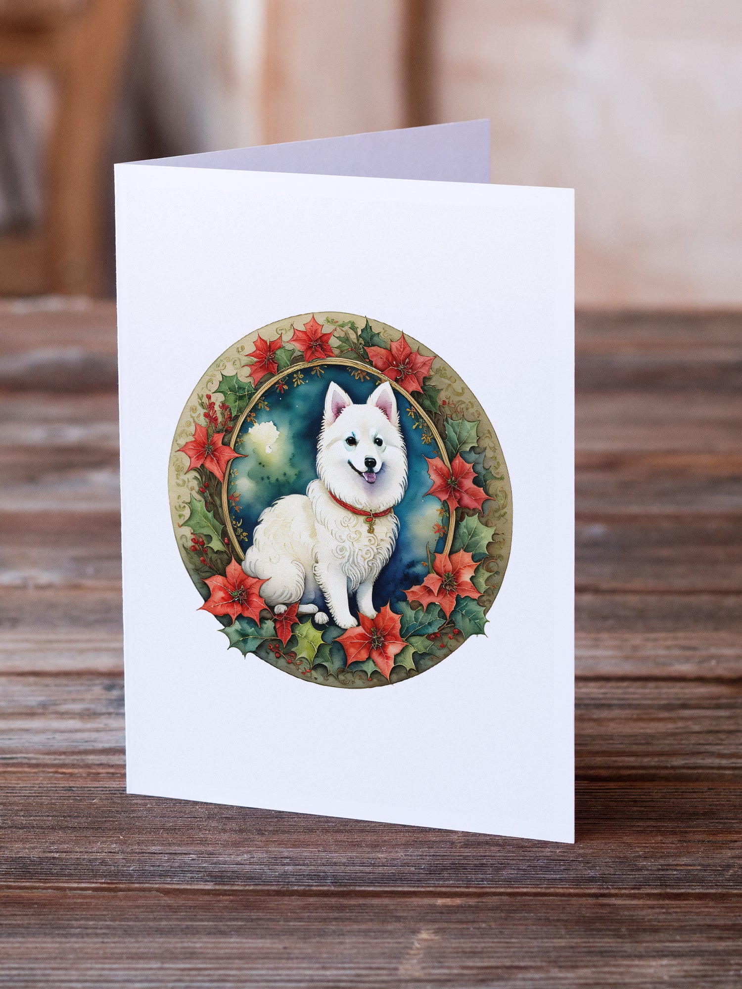 Japanese Spitz Christmas Flowers Greeting Cards Pack of 8