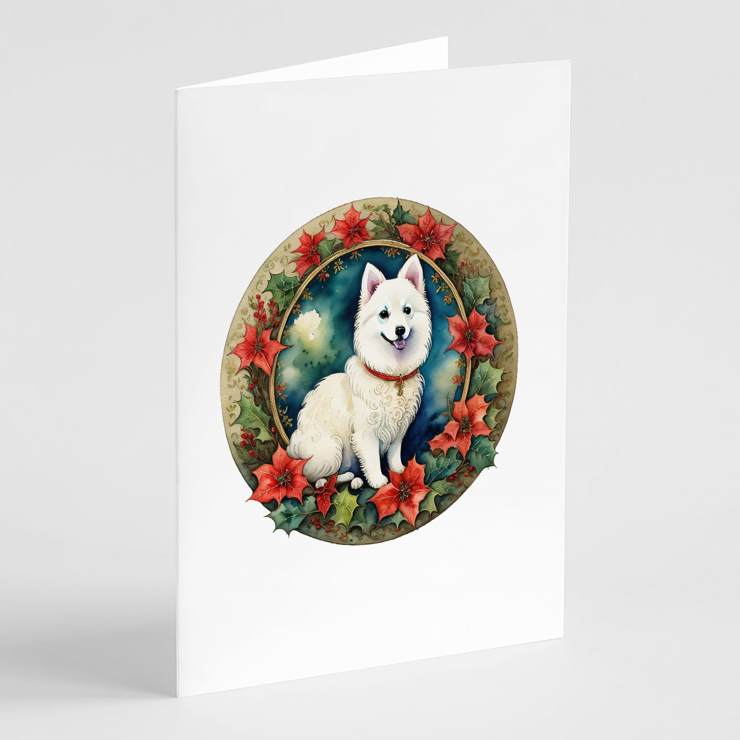 Buy this Japanese Spitz Christmas Flowers Greeting Cards Pack of 8