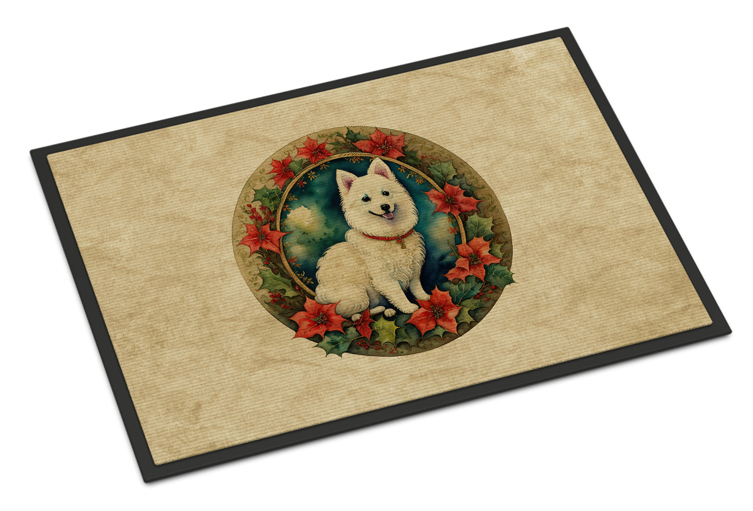 Buy this Japanese Spitz Christmas Flowers Doormat