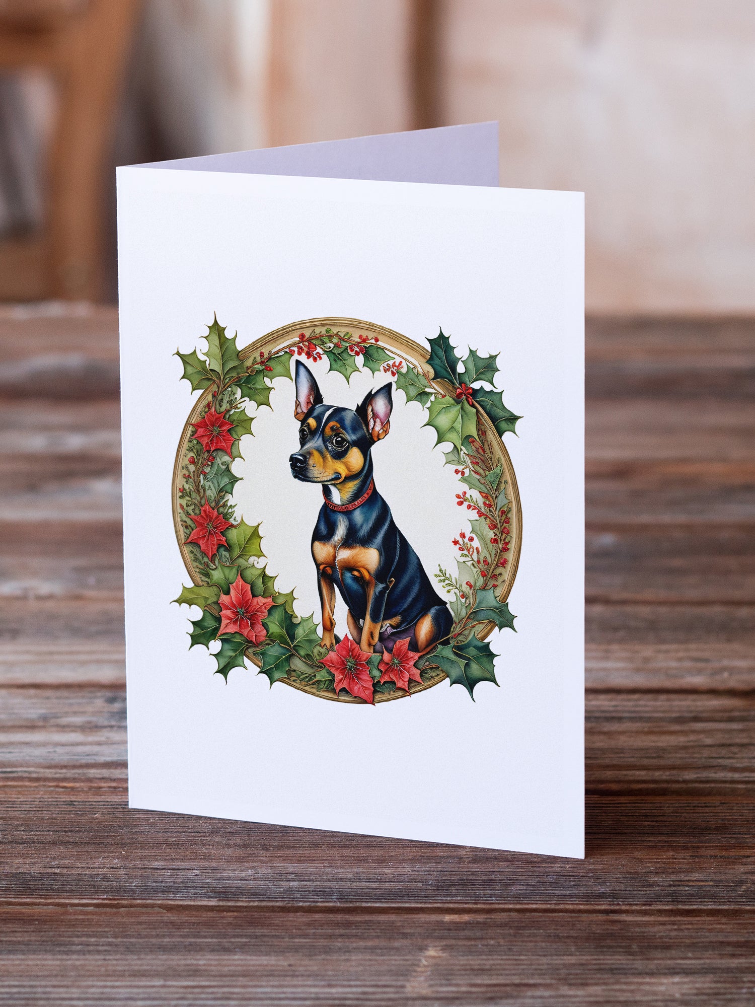 Buy this Miniature Pinscher Christmas Flowers Greeting Cards Pack of 8