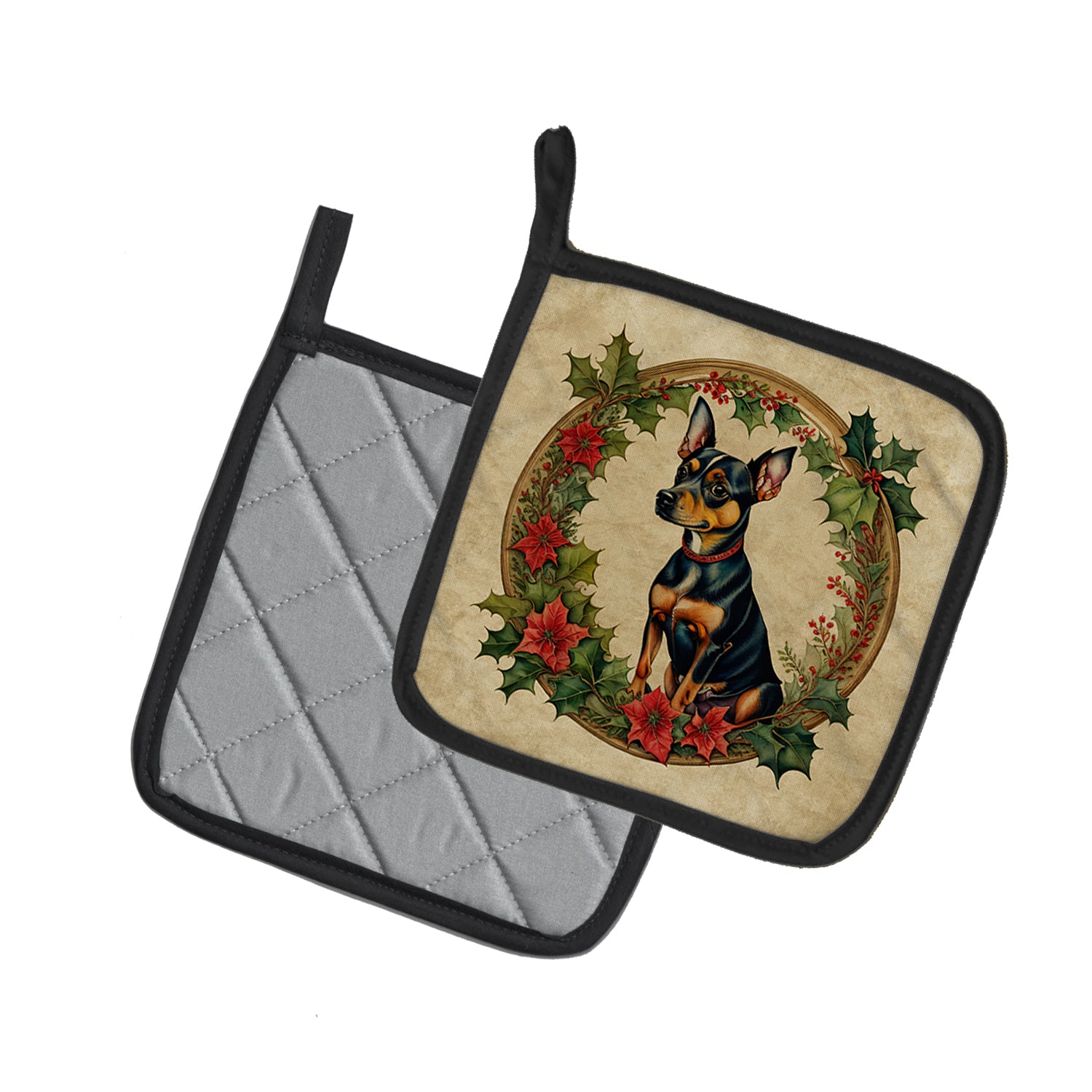 Buy this Miniature Pinscher Christmas Flowers Pair of Pot Holders