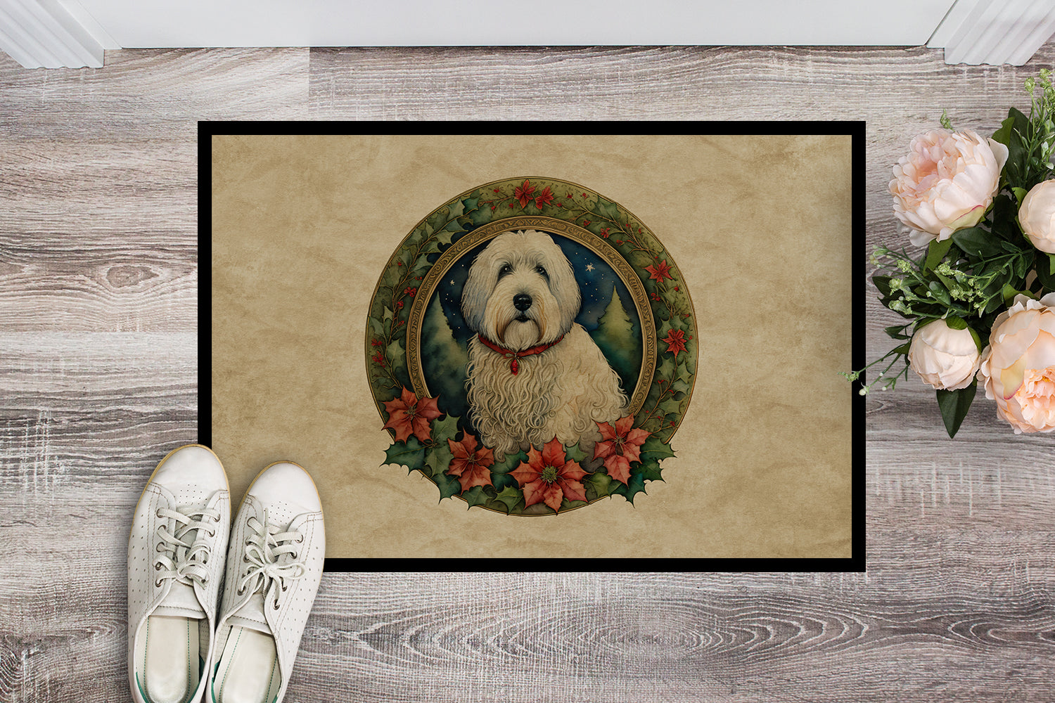 Buy this Old English Sheepdog Christmas Flowers Doormat