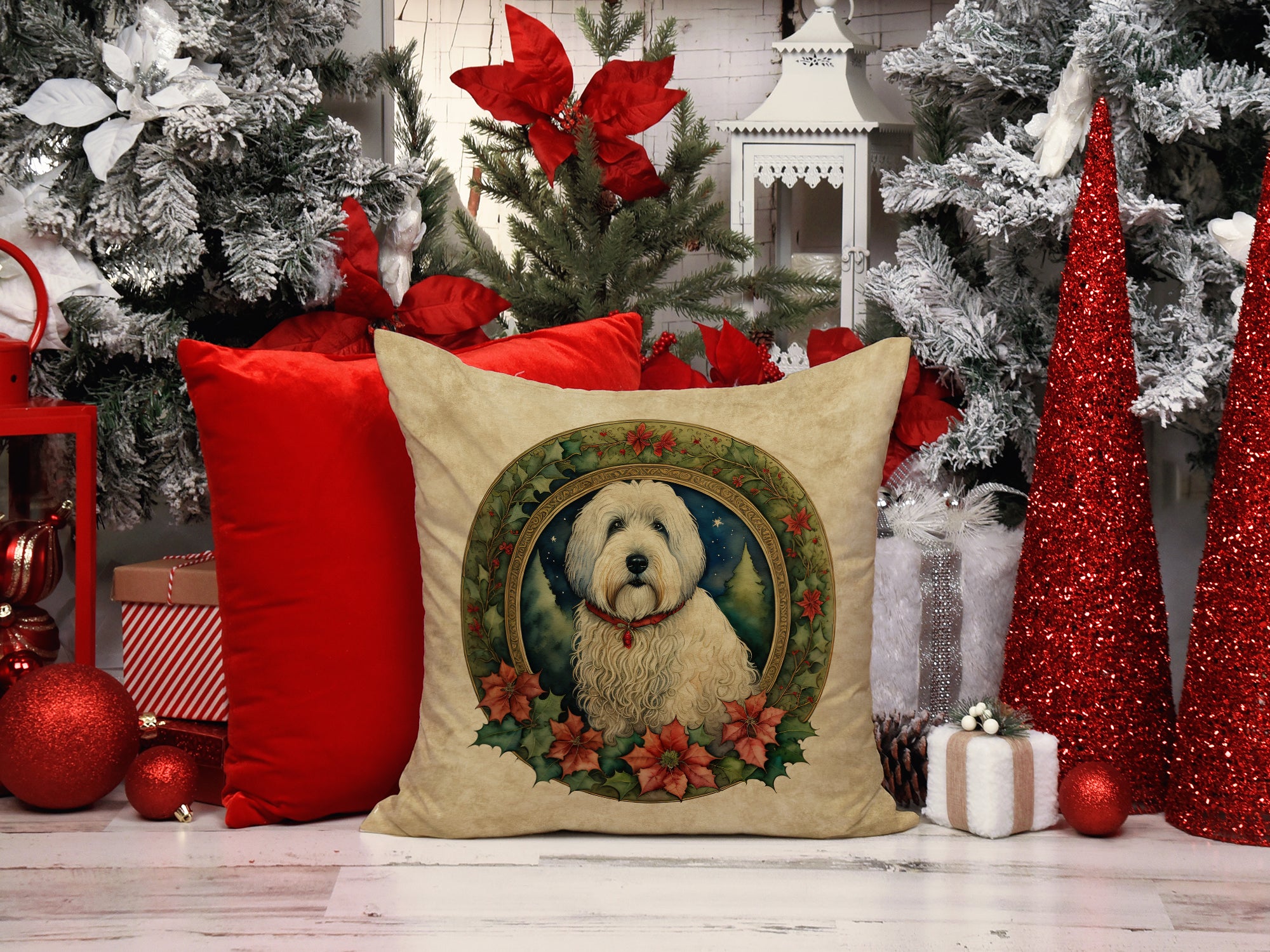 Buy this Old English Sheepdog Christmas Flowers Throw Pillow