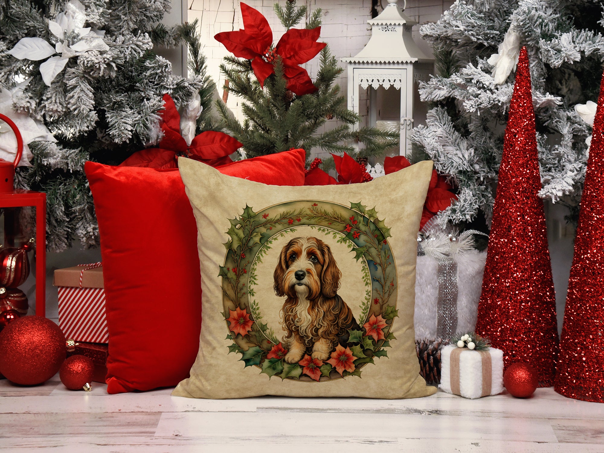 Buy this Petit Basset Griffon Vendeen Christmas Flowers Throw Pillow