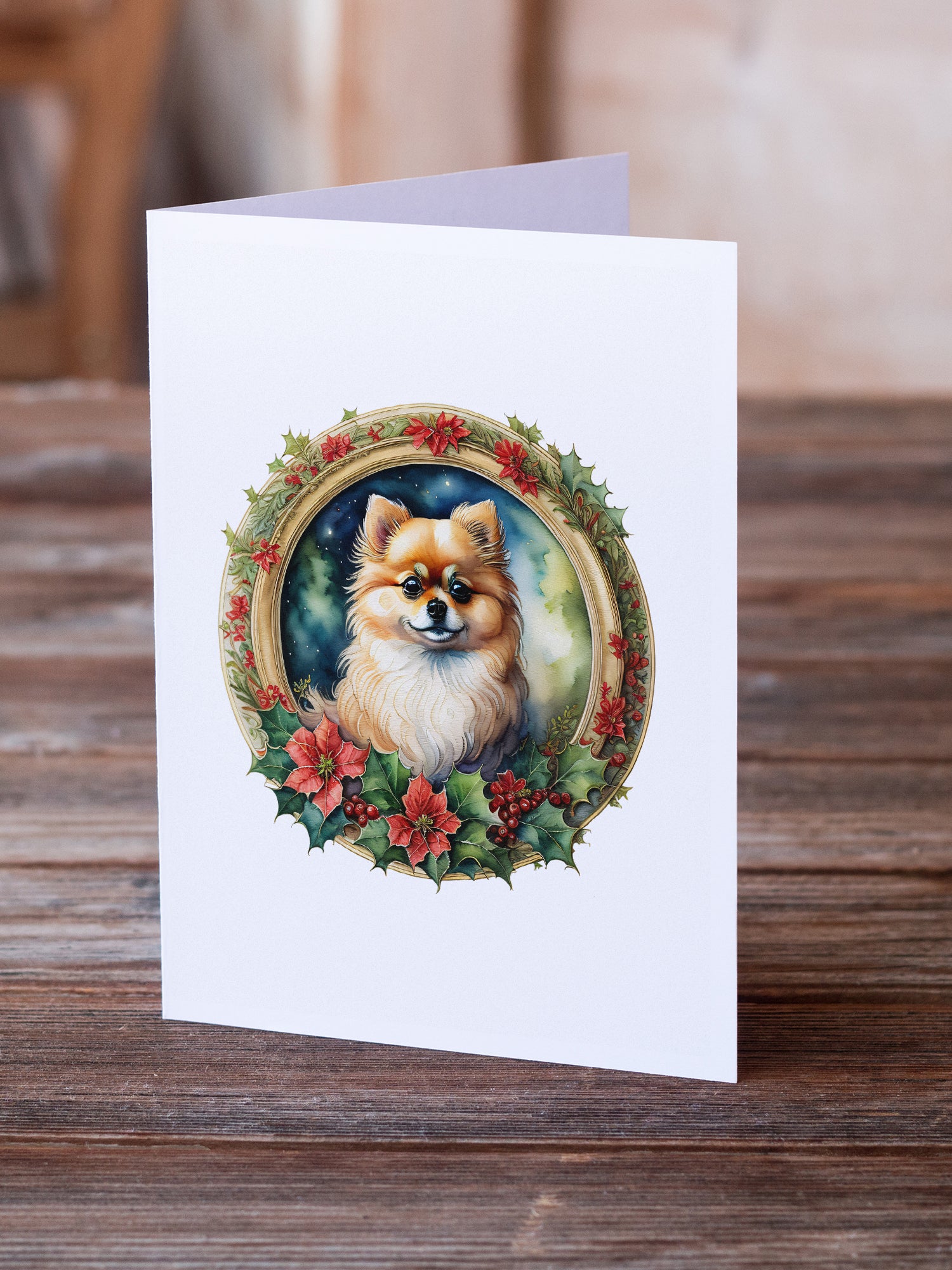 Buy this Pomeranian Christmas Flowers Greeting Cards Pack of 8