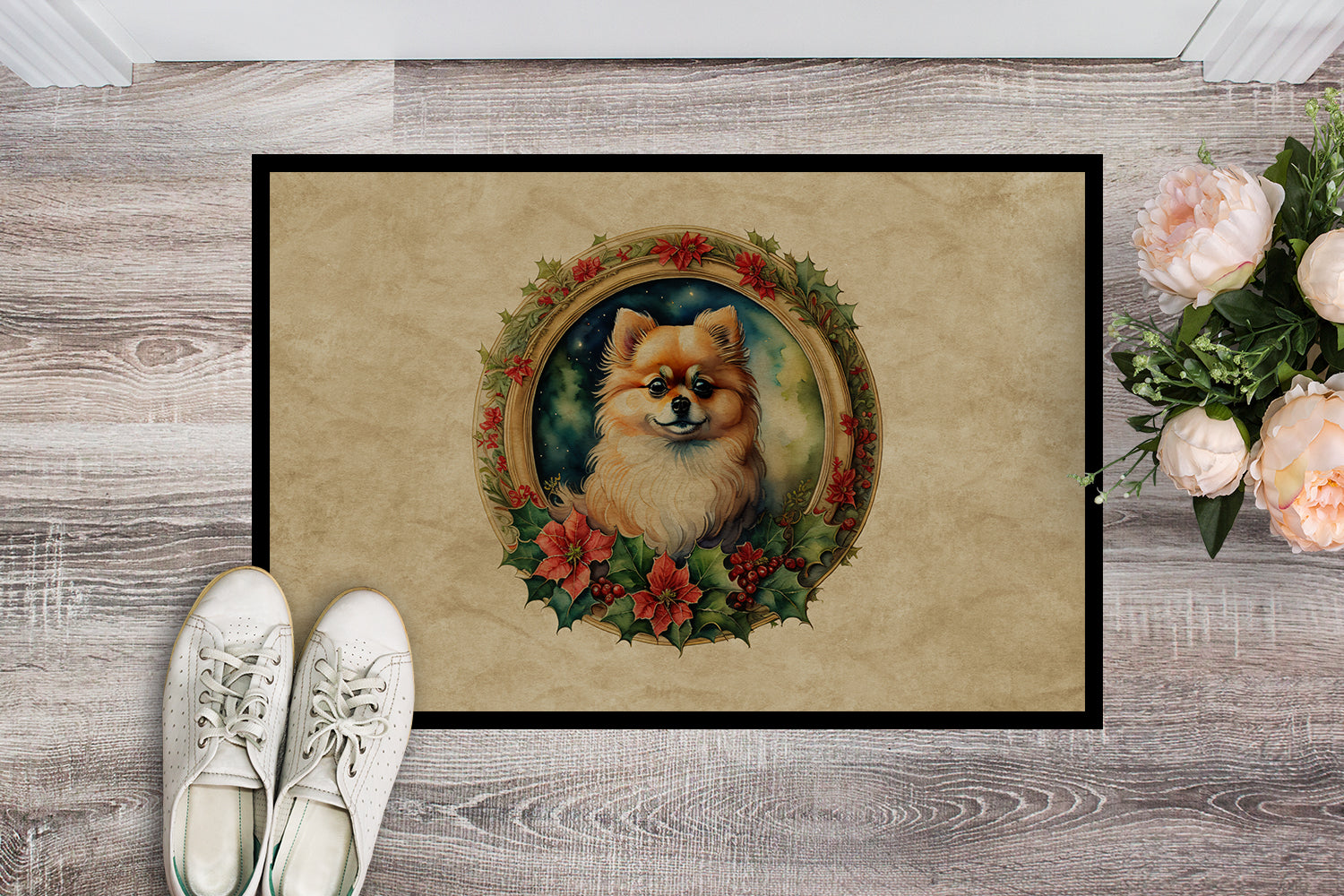 Buy this Pomeranian Christmas Flowers Doormat