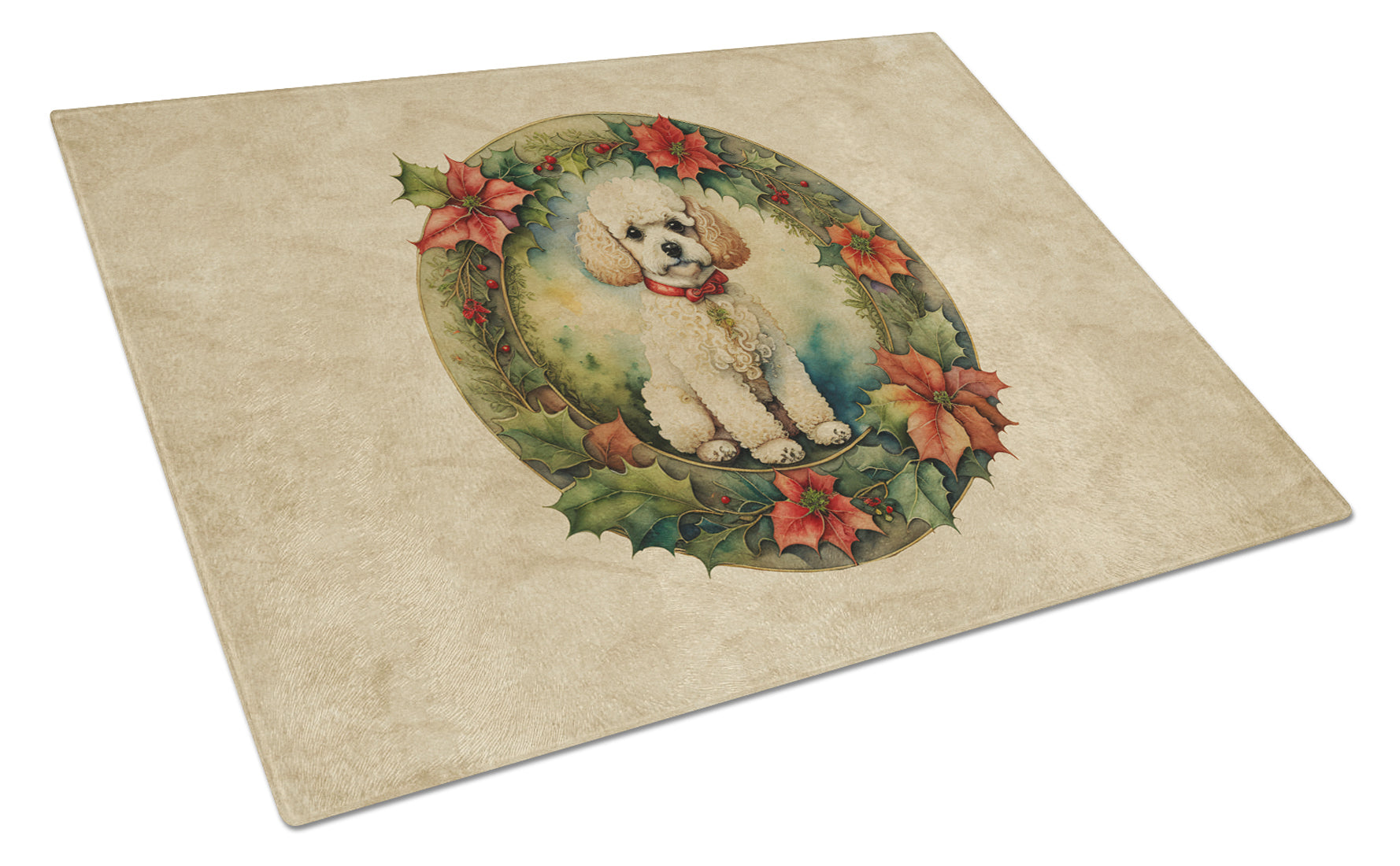 Buy this Poodle Christmas Flowers Glass Cutting Board