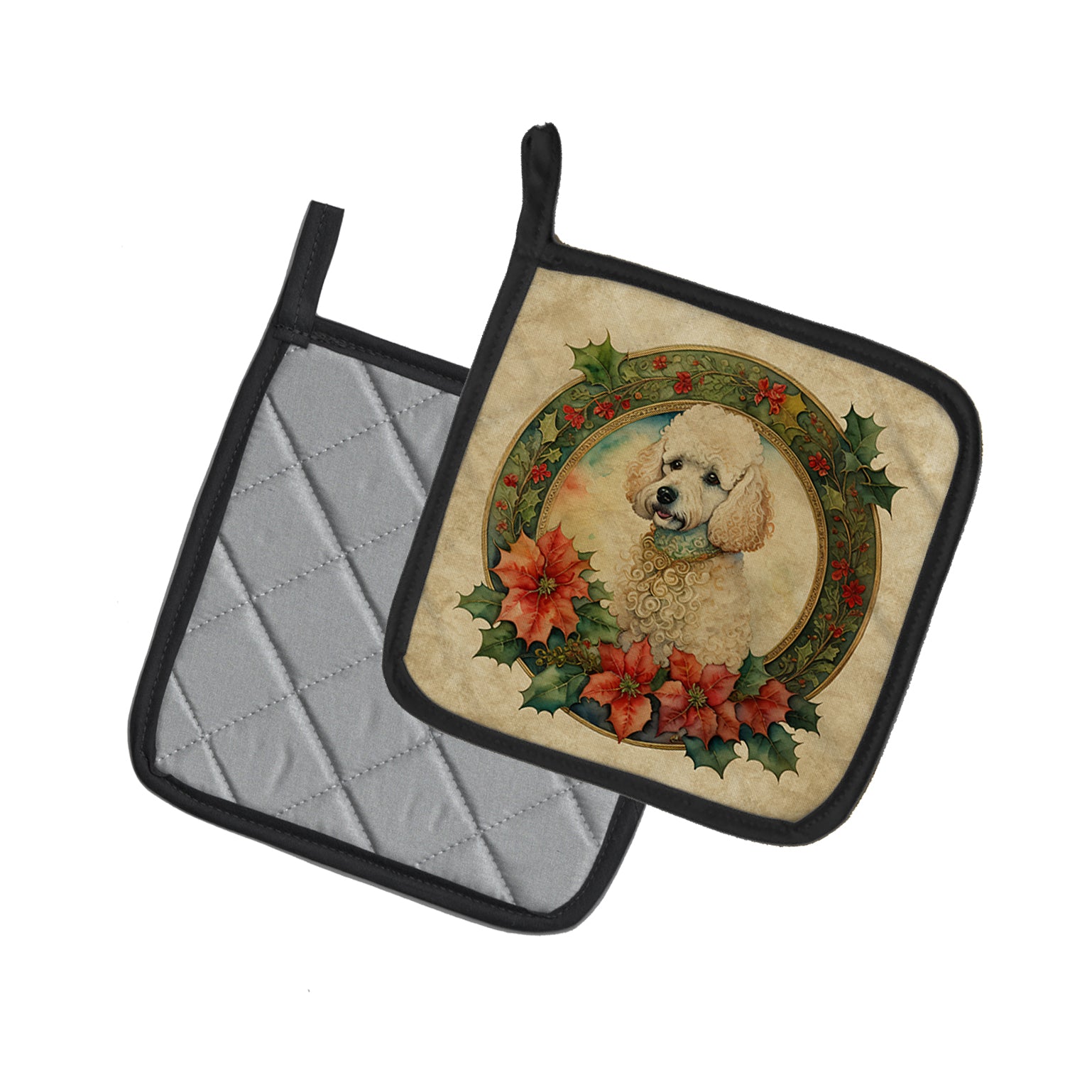 Poodle Christmas Flowers Pair of Pot Holders