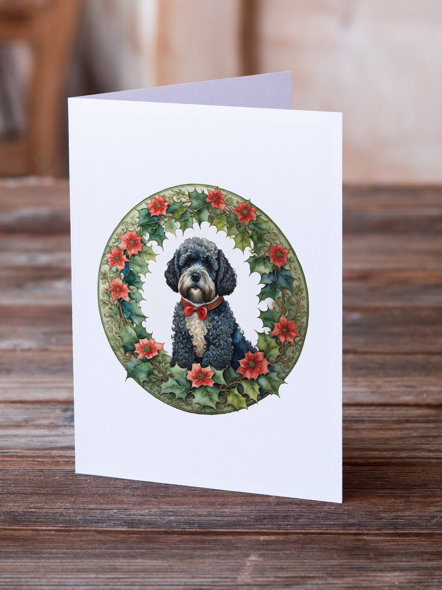 Buy this Portuguese Water Dog Christmas Flowers Greeting Cards Pack of 8