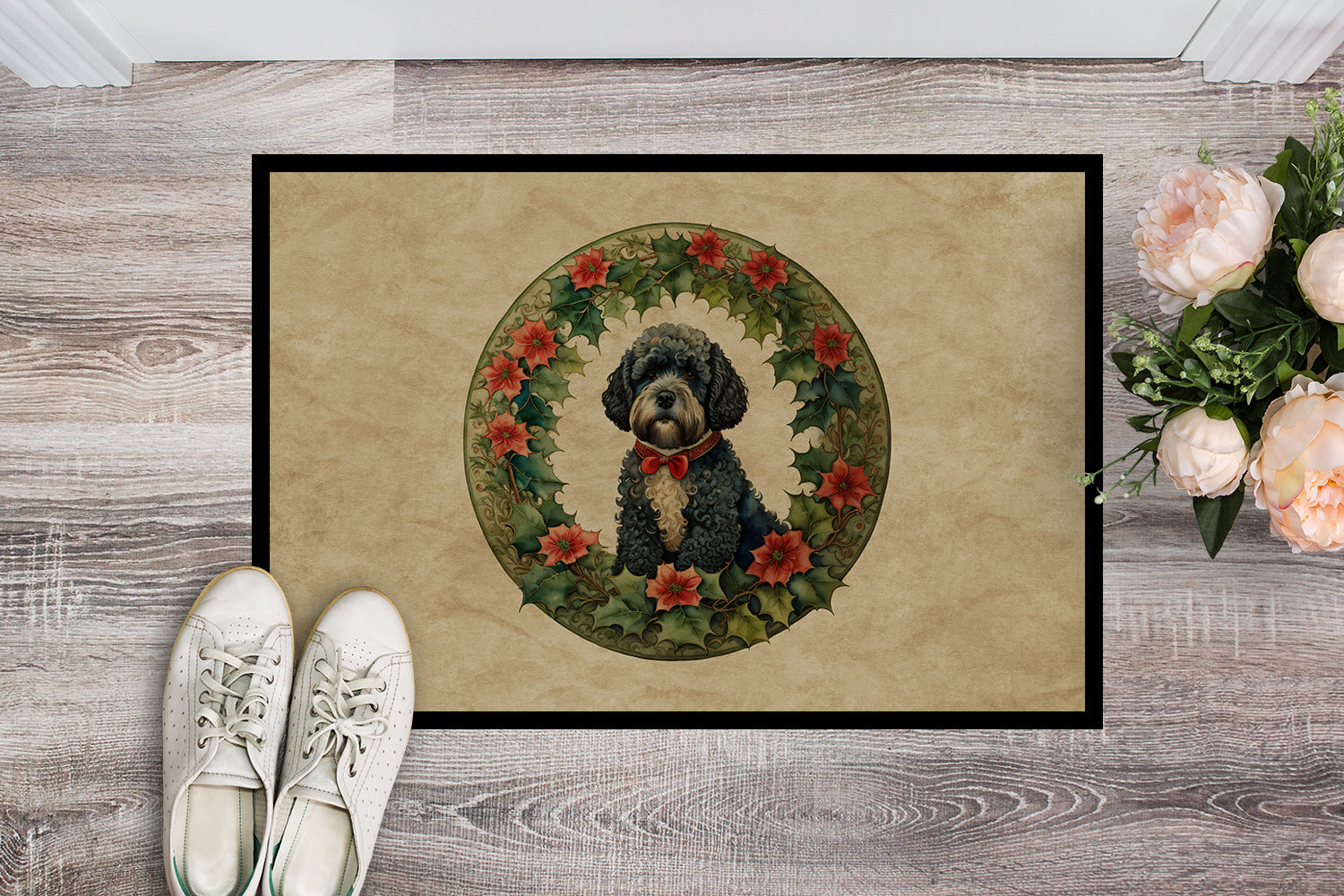 Buy this Portuguese Water Dog Christmas Flowers Doormat