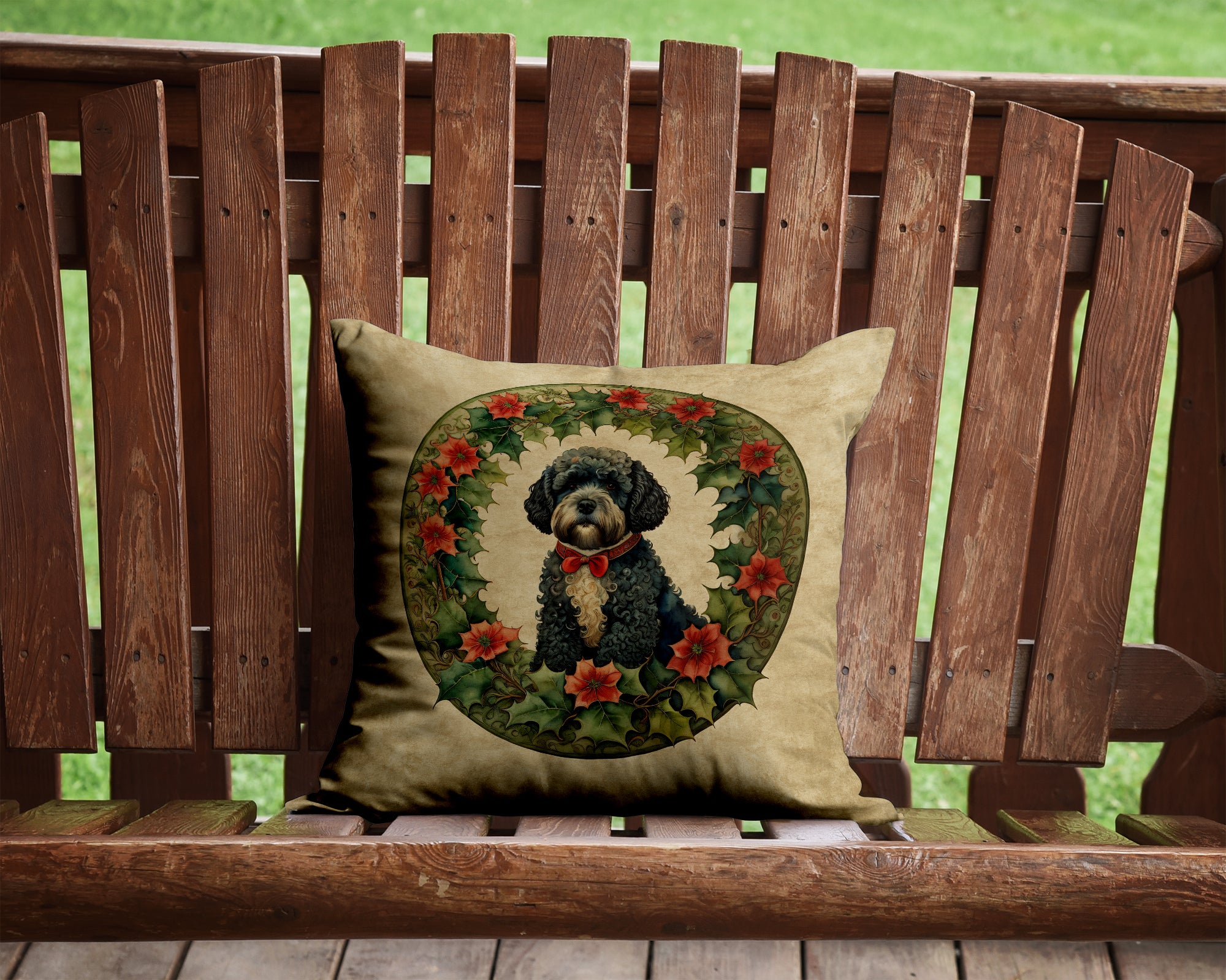 Buy this Portuguese Water Dog Christmas Flowers Throw Pillow