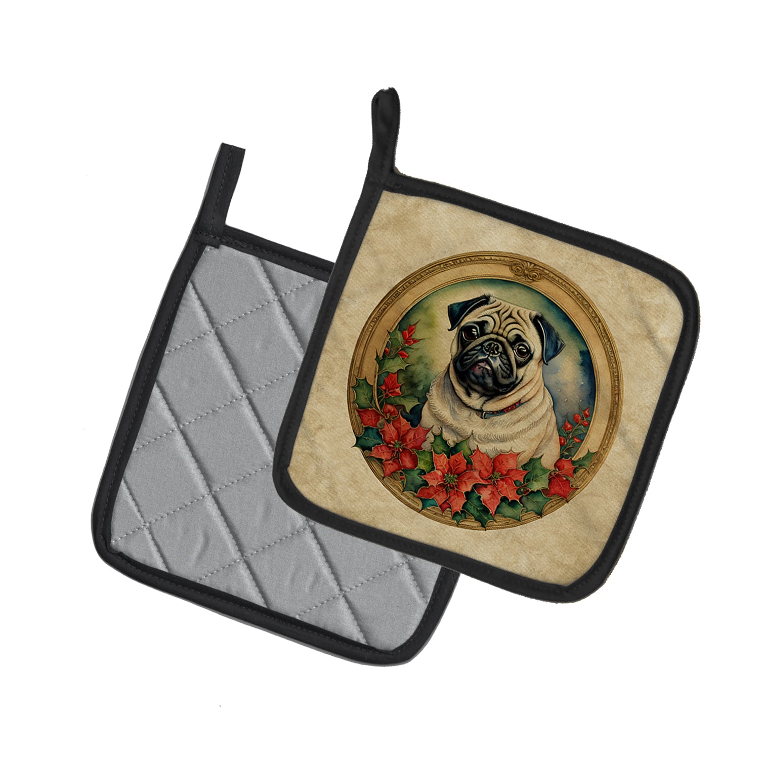Buy this Pug Christmas Flowers Pair of Pot Holders