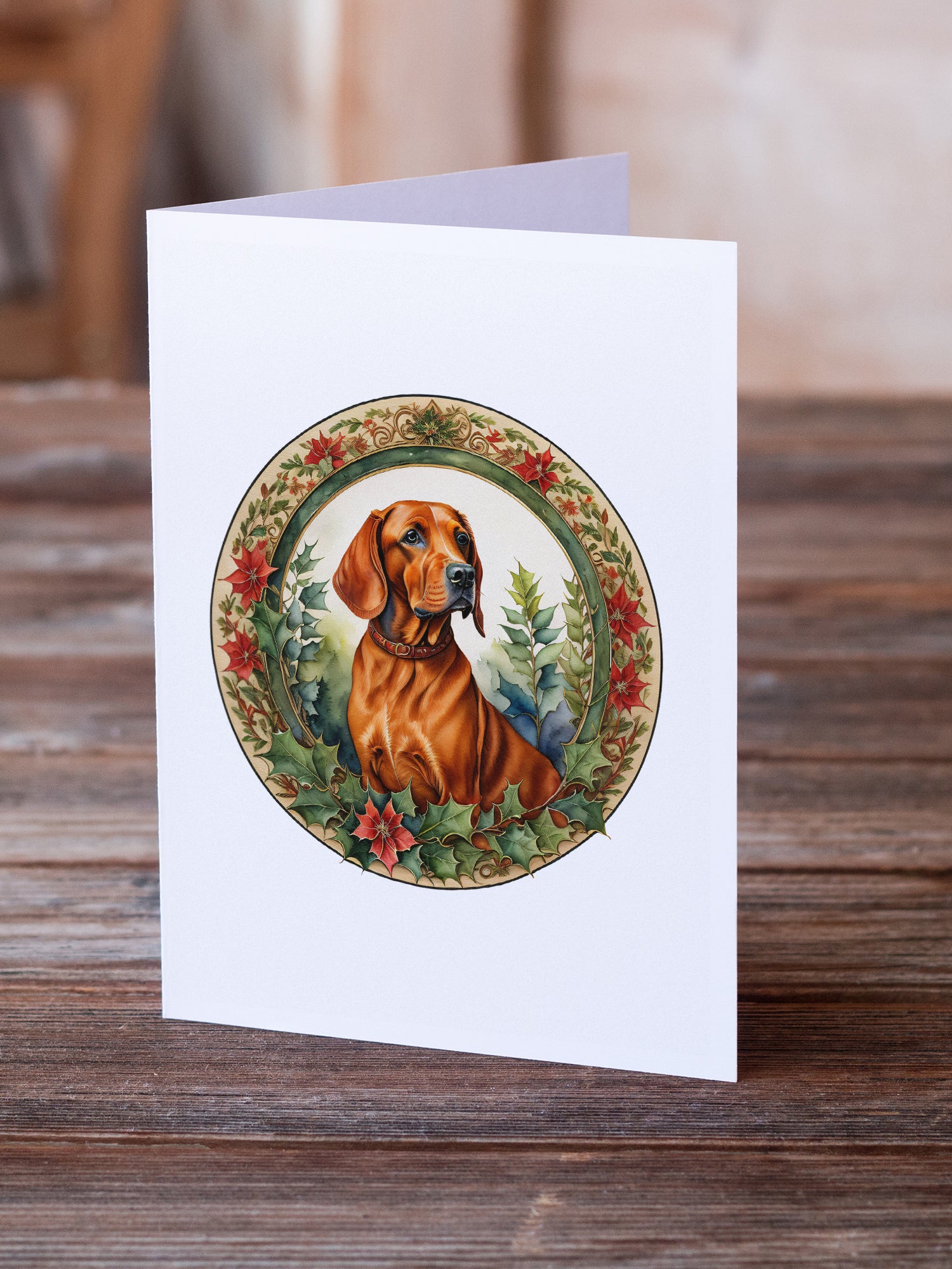 Buy this Red Redbone Coonhound Christmas Flowers Greeting Cards Pack of 8