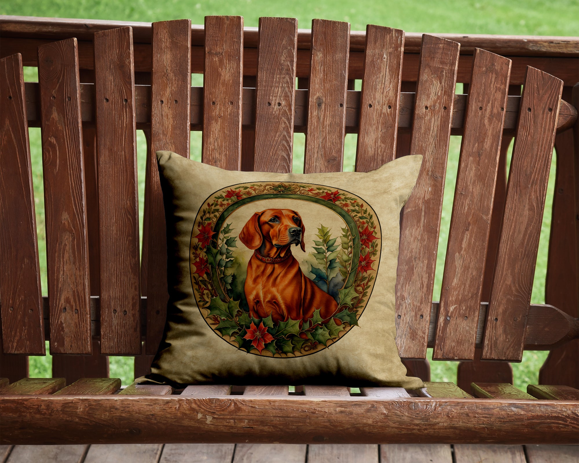Buy this Red Redbone Coonhound Christmas Flowers Throw Pillow