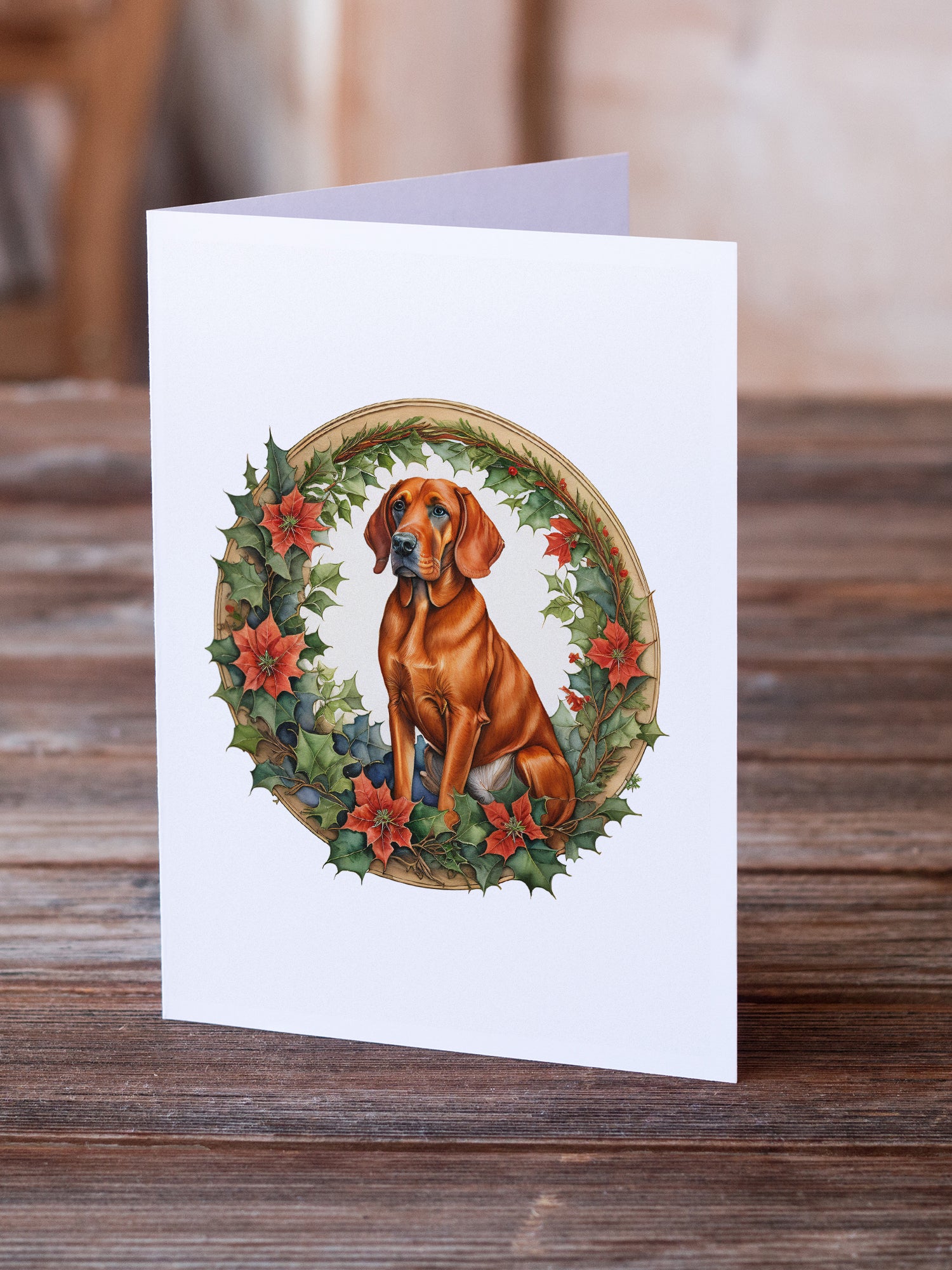 Buy this Red Redbone Coonhound Christmas Flowers Greeting Cards Pack of 8