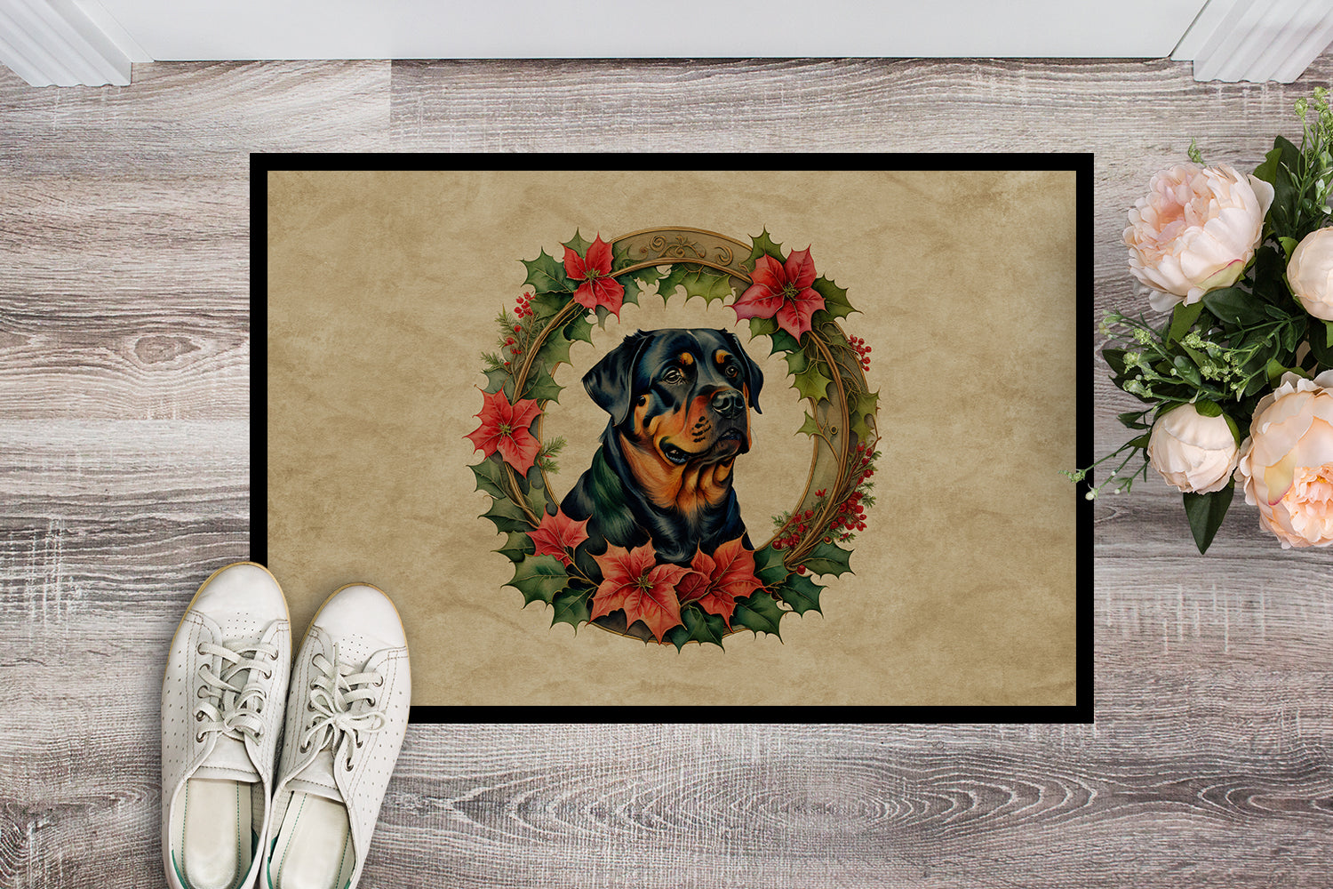Buy this Rottweiler Christmas Flowers Doormat