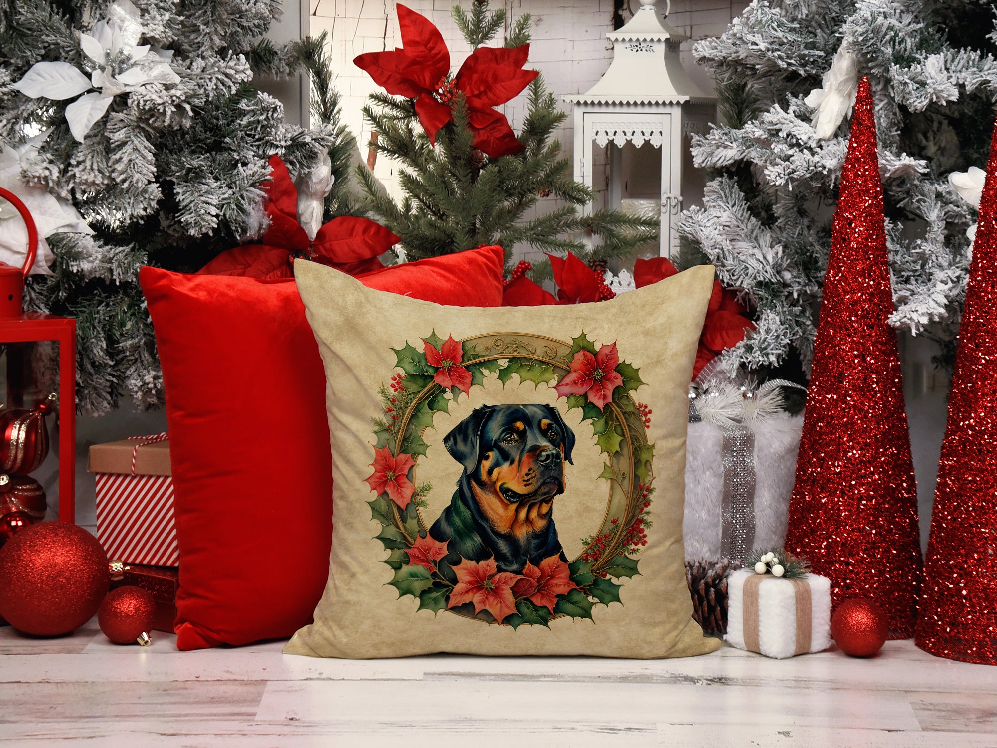 Buy this Rottweiler Christmas Flowers Throw Pillow