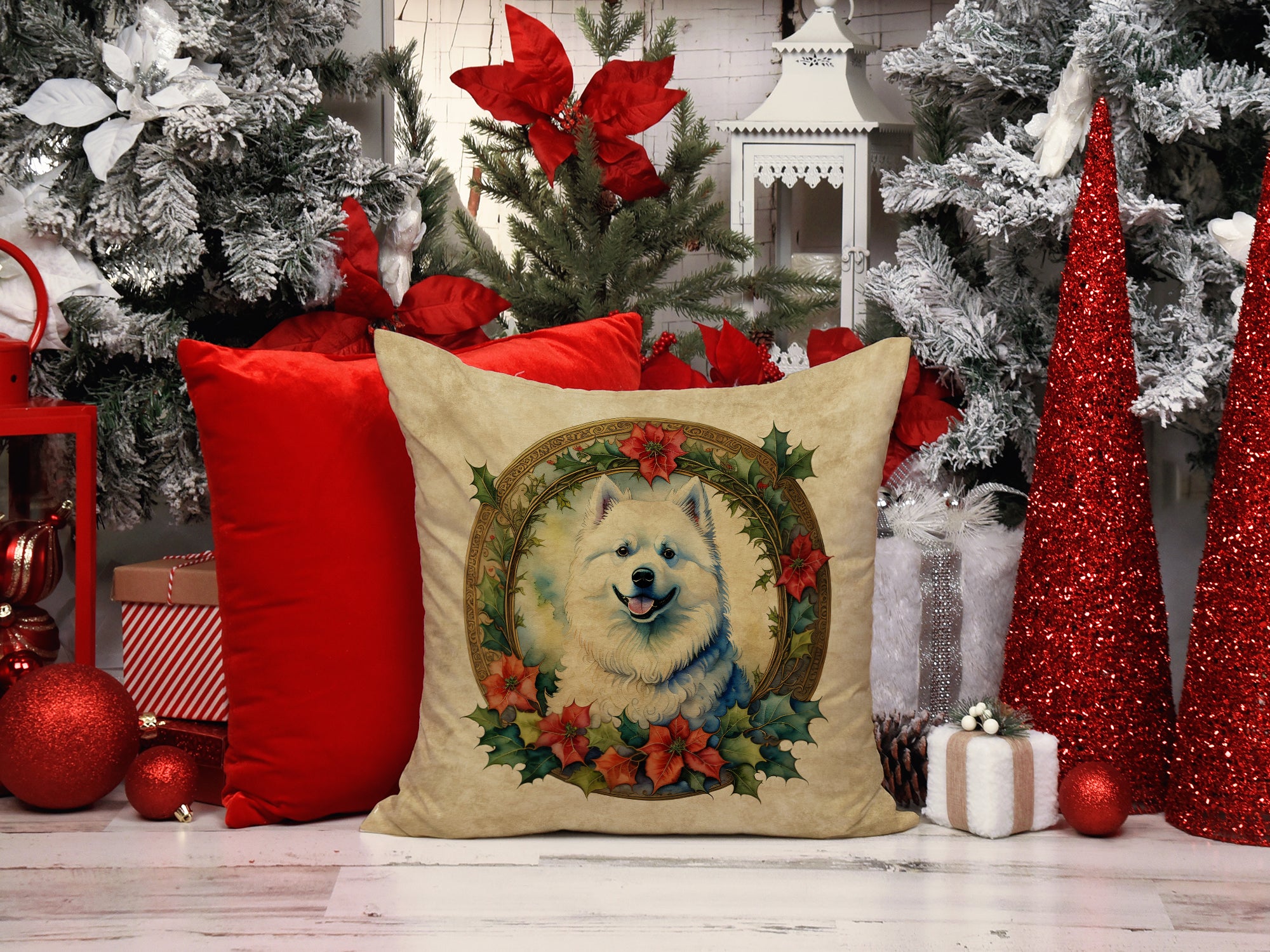 Buy this Samoyed Christmas Flowers Throw Pillow