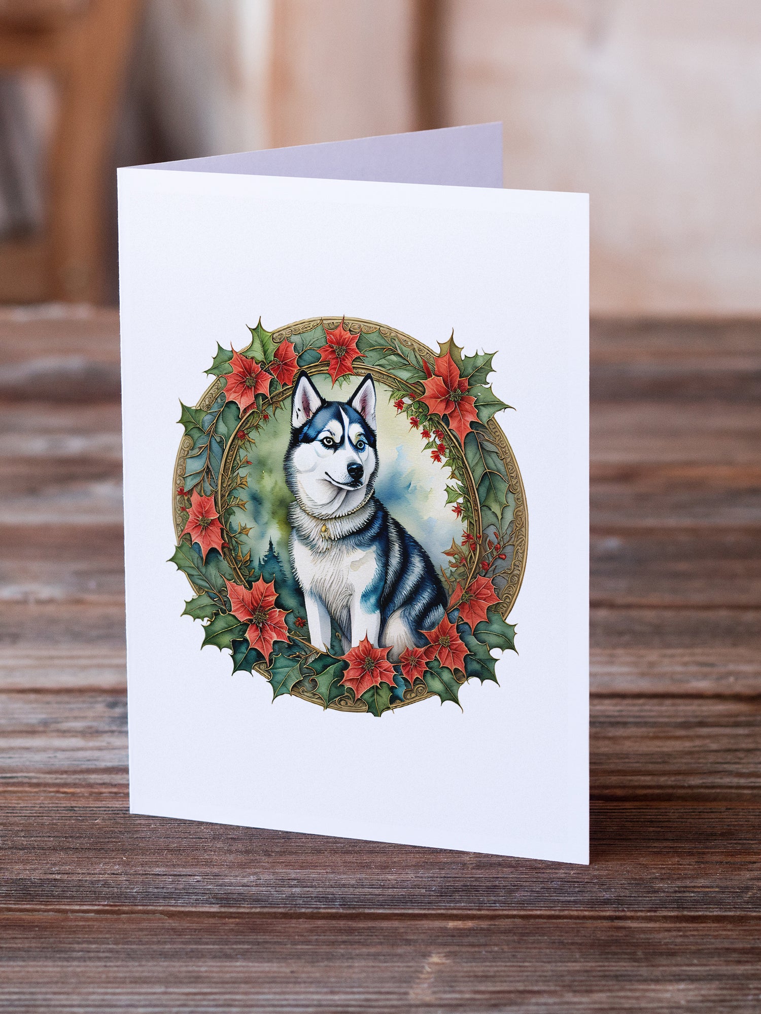 Buy this Siberian Husky Christmas Flowers Greeting Cards Pack of 8