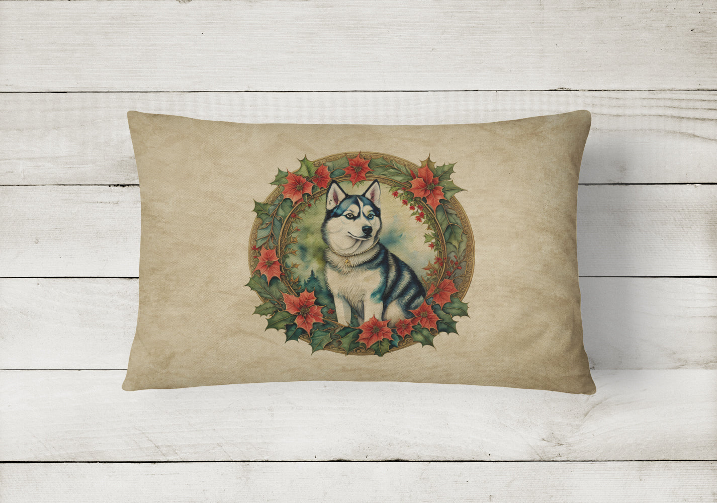 Buy this Siberian Husky Christmas Flowers Throw Pillow